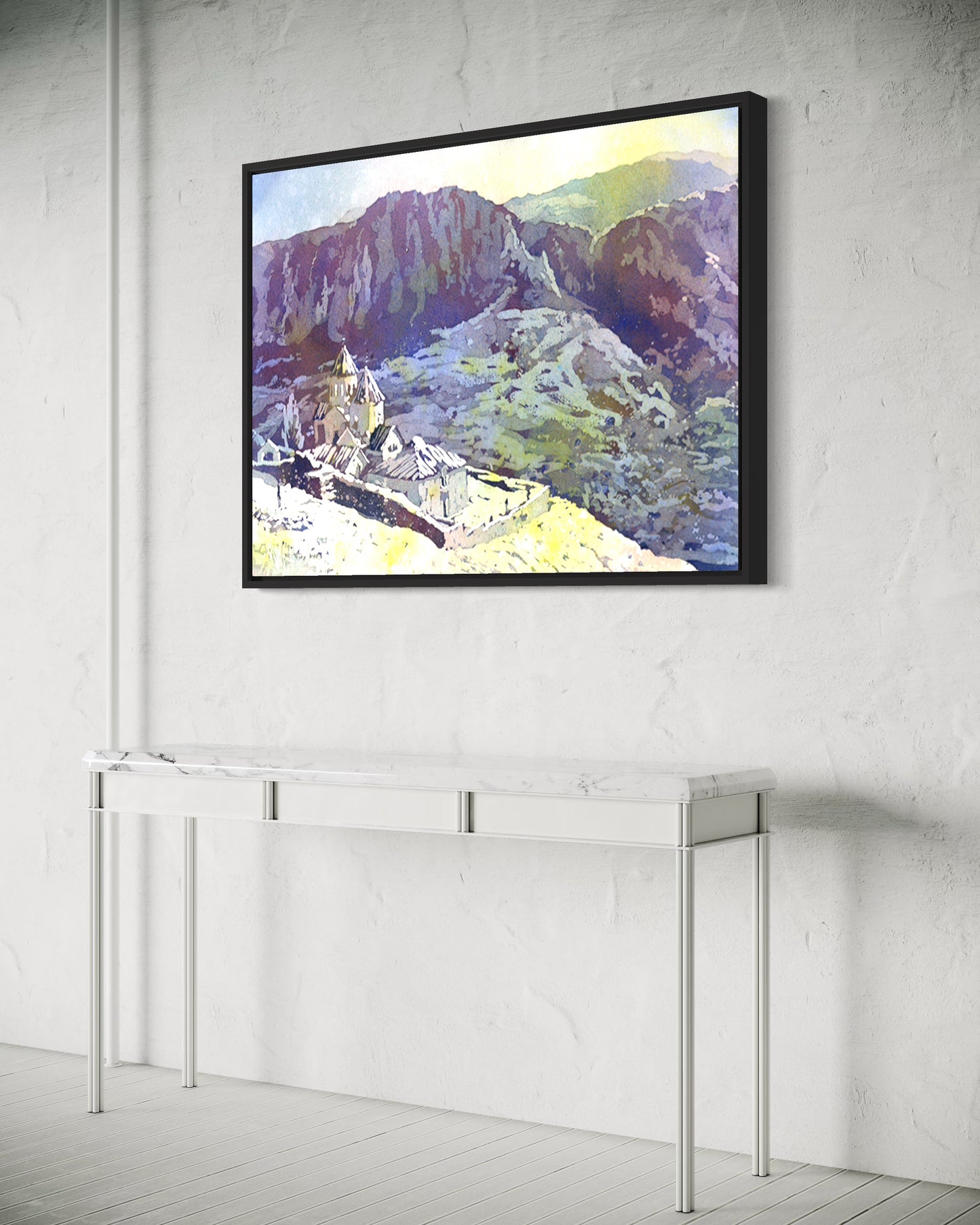 Colorful Armenia artwork featuring Khor Noravank monastery framed by dramatic canyon walls—perfect gift for him or her and architectural art fans.