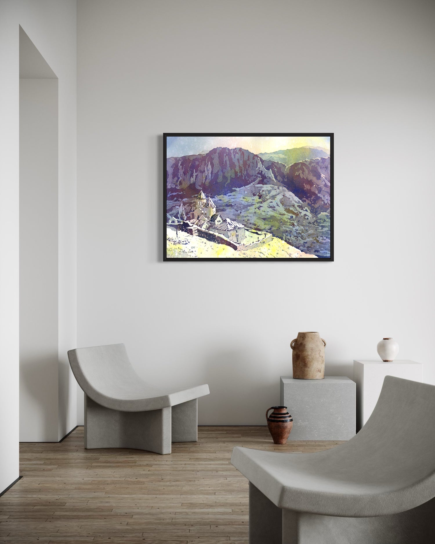 Historic architecture of Khor Noravank monastery portrayed in a soft watercolor palette—ideal for art collectors and home gallery walls.