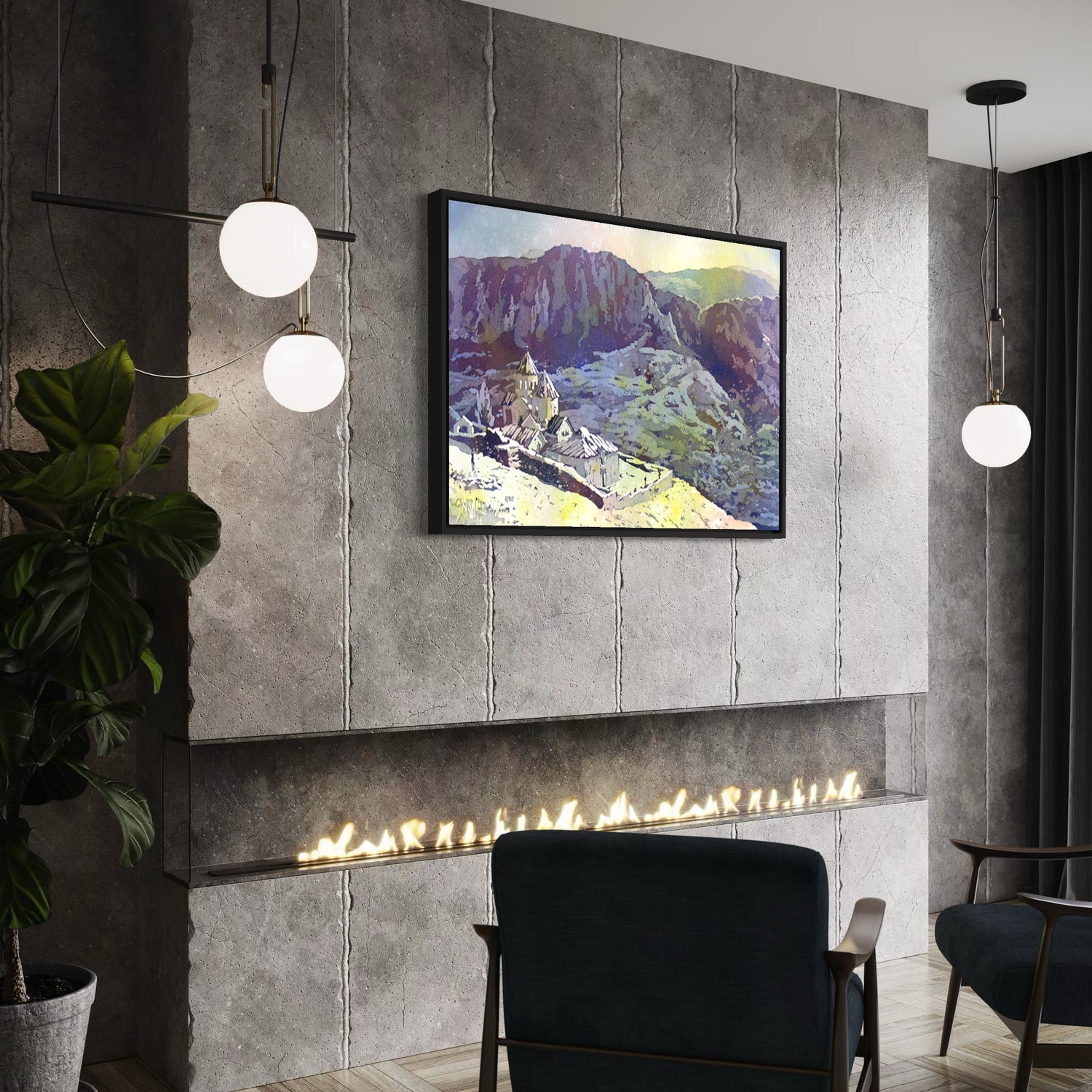 Watercolor of ancient Khor Noravank monastery in a winding Armenian gorge, great for global decor and meaningful wall art.