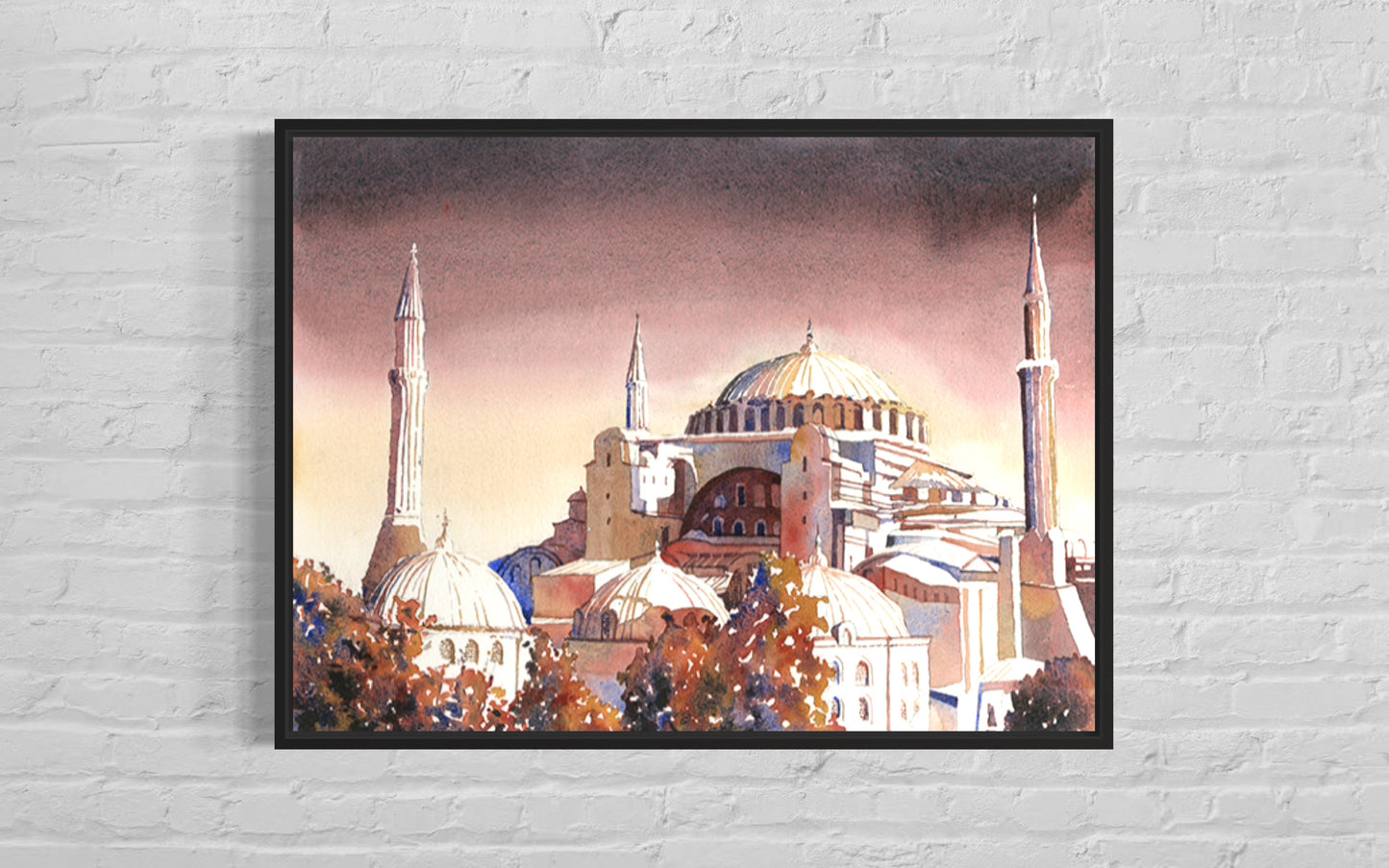 Fine art watercolor of the Hagia Sophia’s majestic domes and minarets with a vibrant sky—ideal for interior design and travel-inspired wall art.