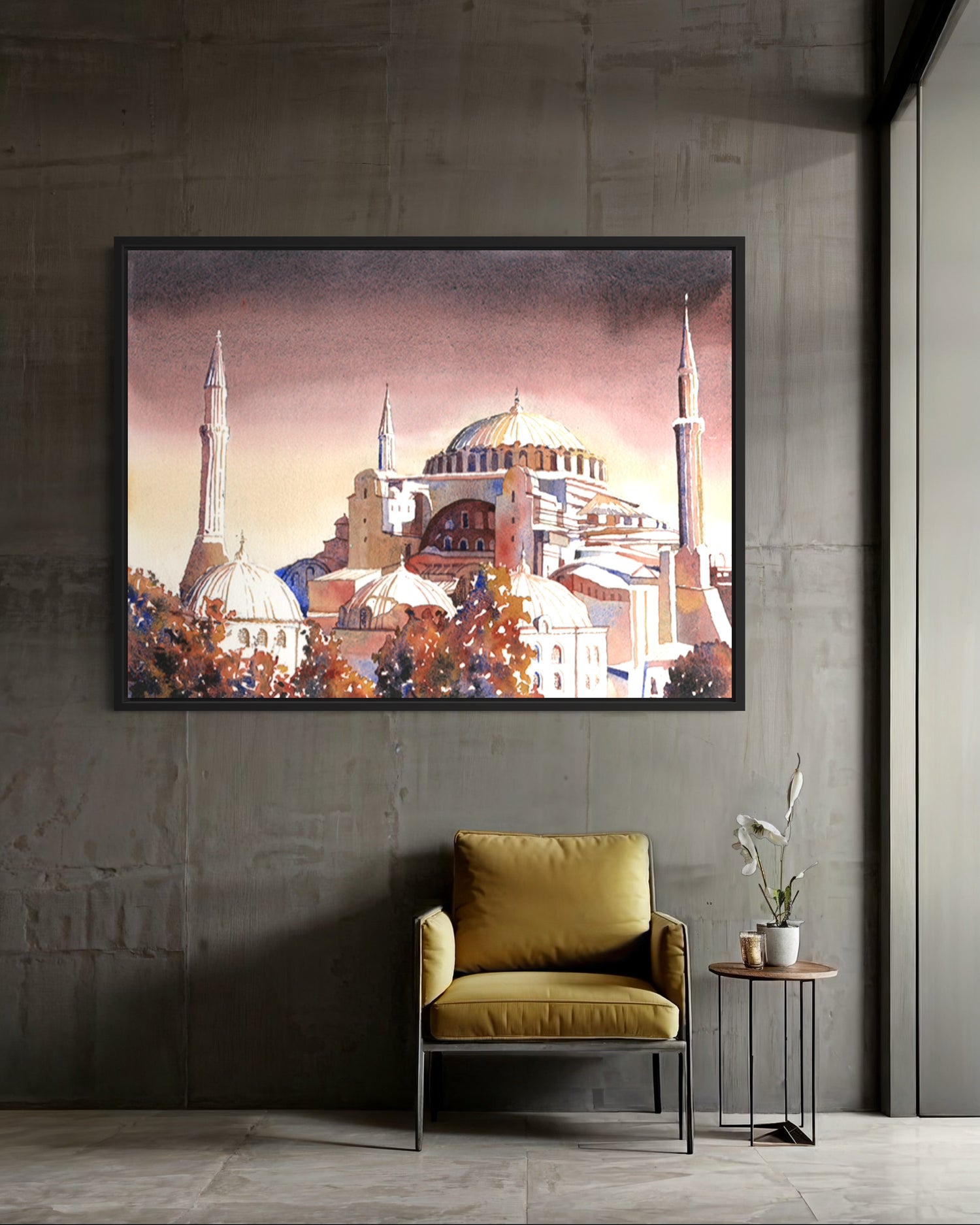 Bold and detailed Hagia Sophia painting with rich color palette, capturing one of Turkey’s most iconic monuments in watercolor—great for travel-themed decor.