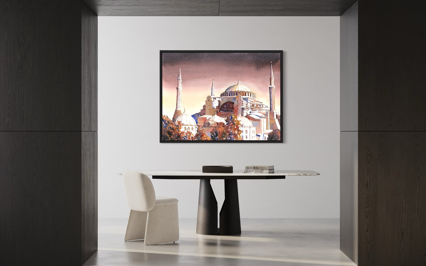 Watercolor landscape of Istanbul’s Hagia Sophia at twilight, with radiant tones and mosque silhouettes—perfect gift for him or her and home decor centerpiece.