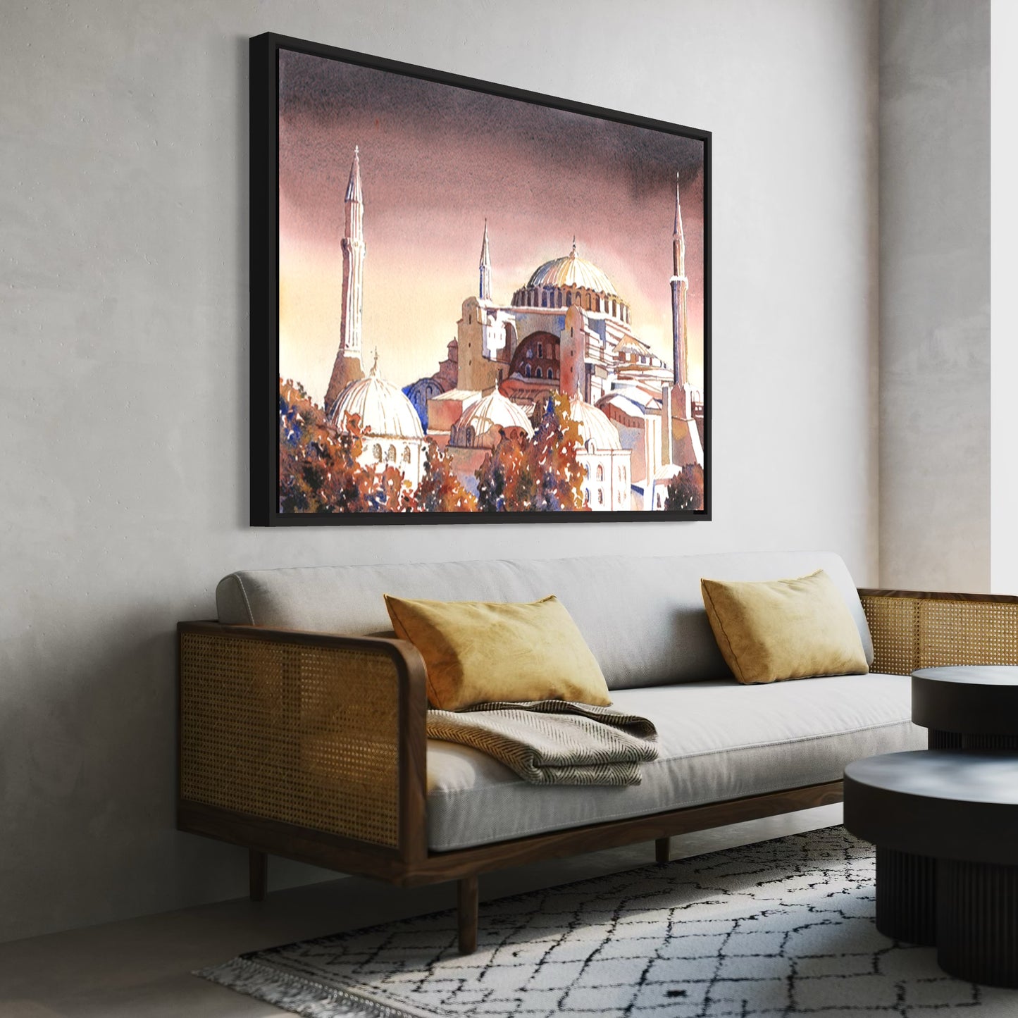 Fine art print of the Hagia Sophia in Istanbul, showing its Byzantine and Ottoman details in watercolor—ideal for global interior styling.