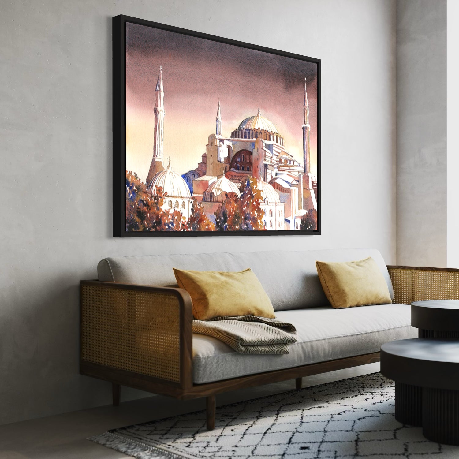 Fine art print of the Hagia Sophia in Istanbul, showing its Byzantine and Ottoman details in watercolor—ideal for global interior styling.