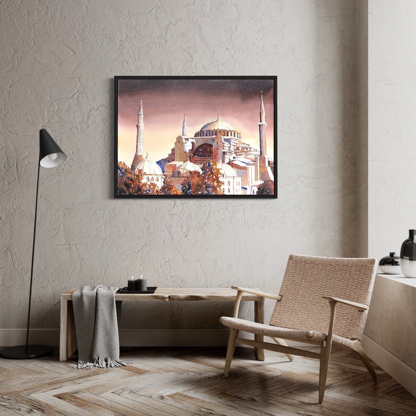 Decorative watercolor landscape featuring Hagia Sophia with surrounding trees and rooftops, ideal for elegant interior design or unique art gifts.