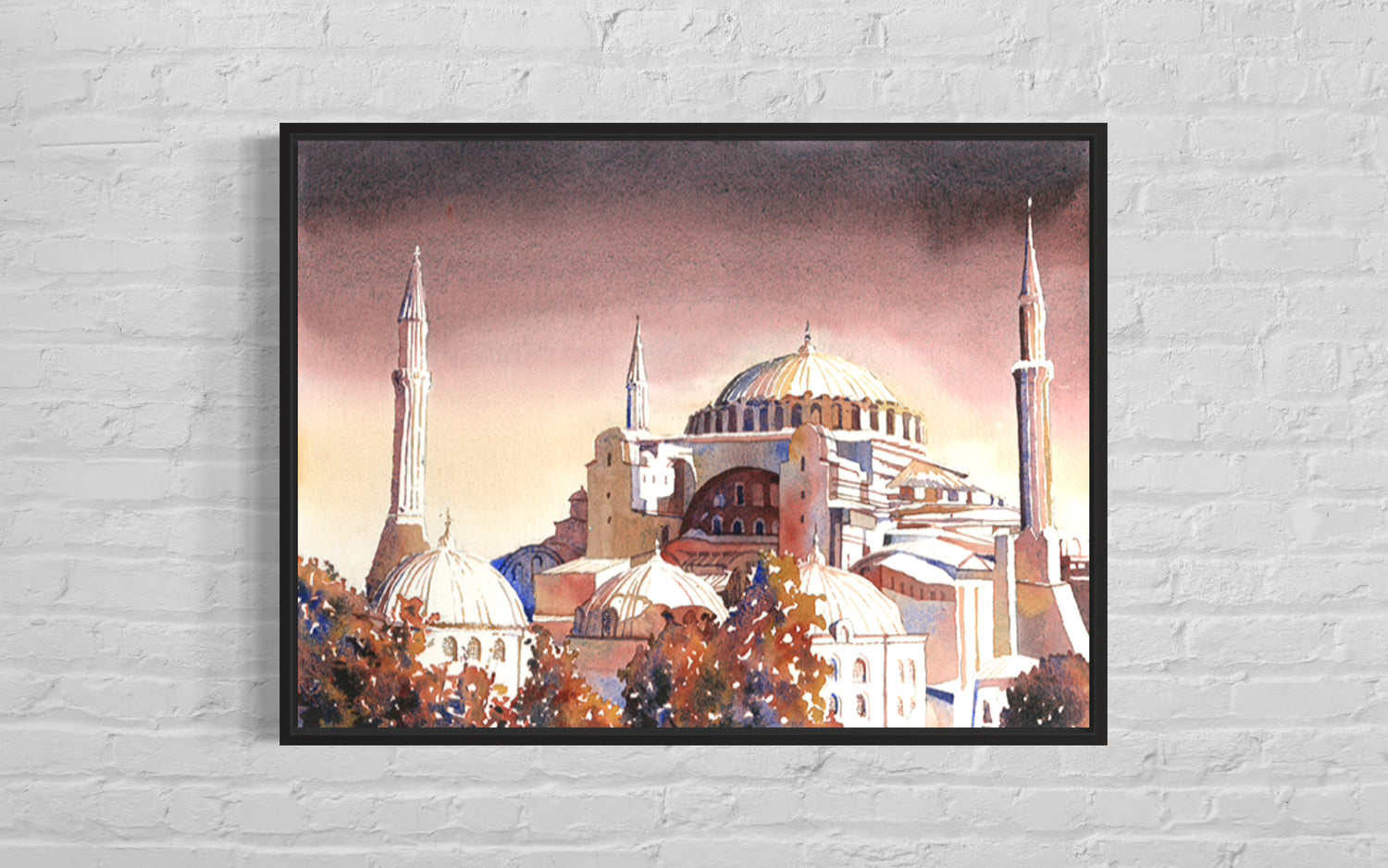 Watercolor landscape of Istanbul’s Hagia Sophia at twilight, with radiant tones and mosque silhouettes—perfect gift for him or her and home decor centerpiece.