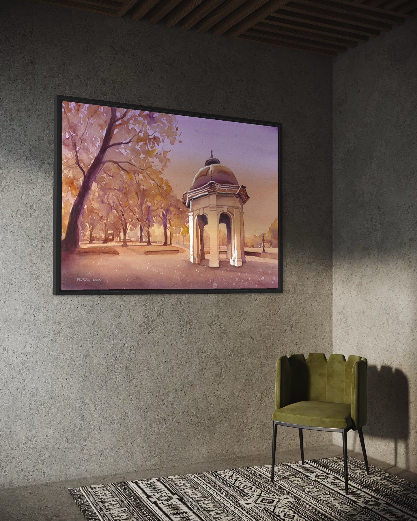 College campus artwork of ECU Cupola in vibrant watercolor tones, ideal for student gifts.