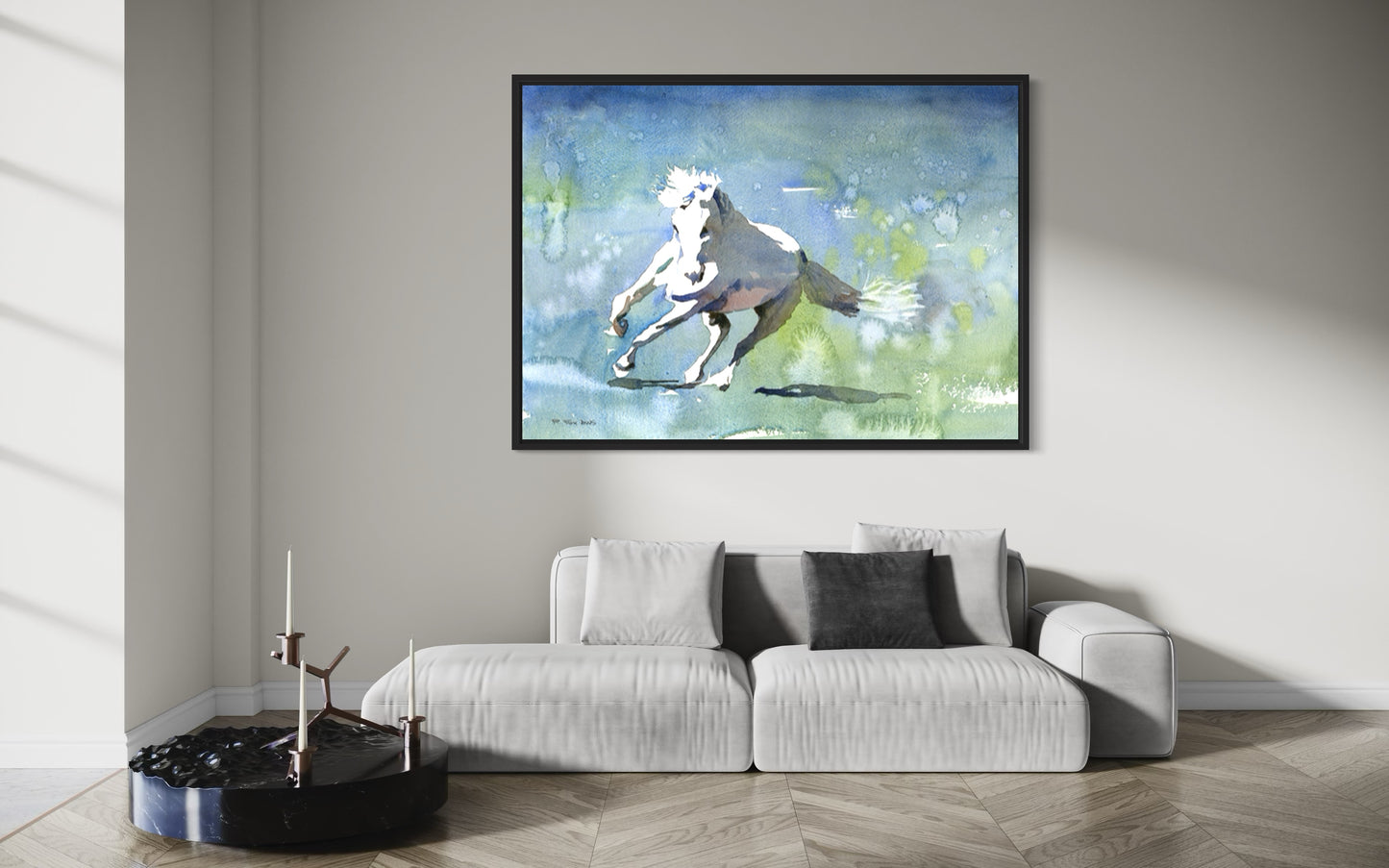 Caballo corriendo por la tundra: pintura de caballos, arte de caballos. Pintura de caballos acuarela batik paisaje pintura pared arte decoración del hogar caballo (impresión)