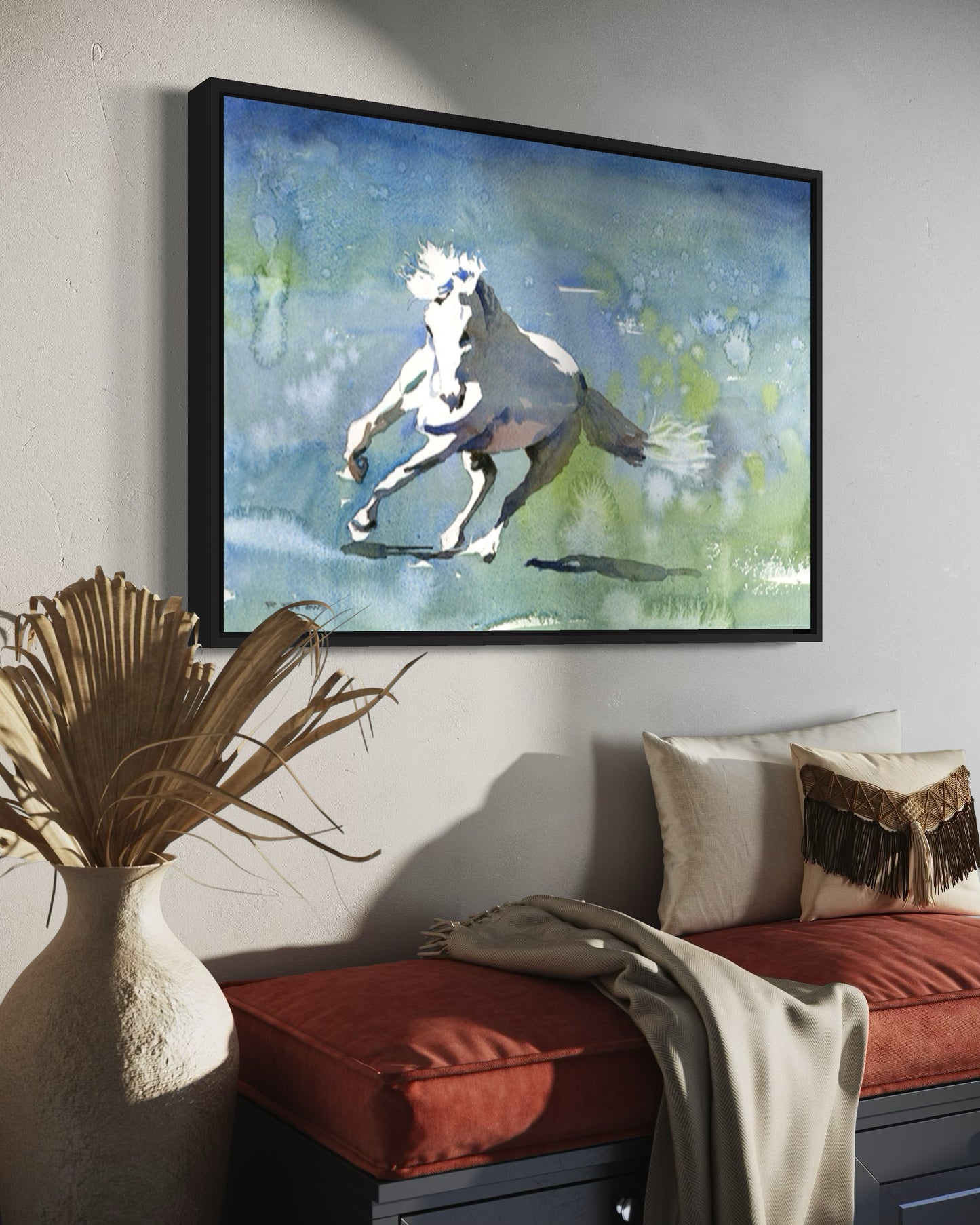 Caballo corriendo por la tundra: pintura de caballos, arte de caballos. Pintura de caballos acuarela batik paisaje pintura pared arte decoración del hogar caballo (impresión)