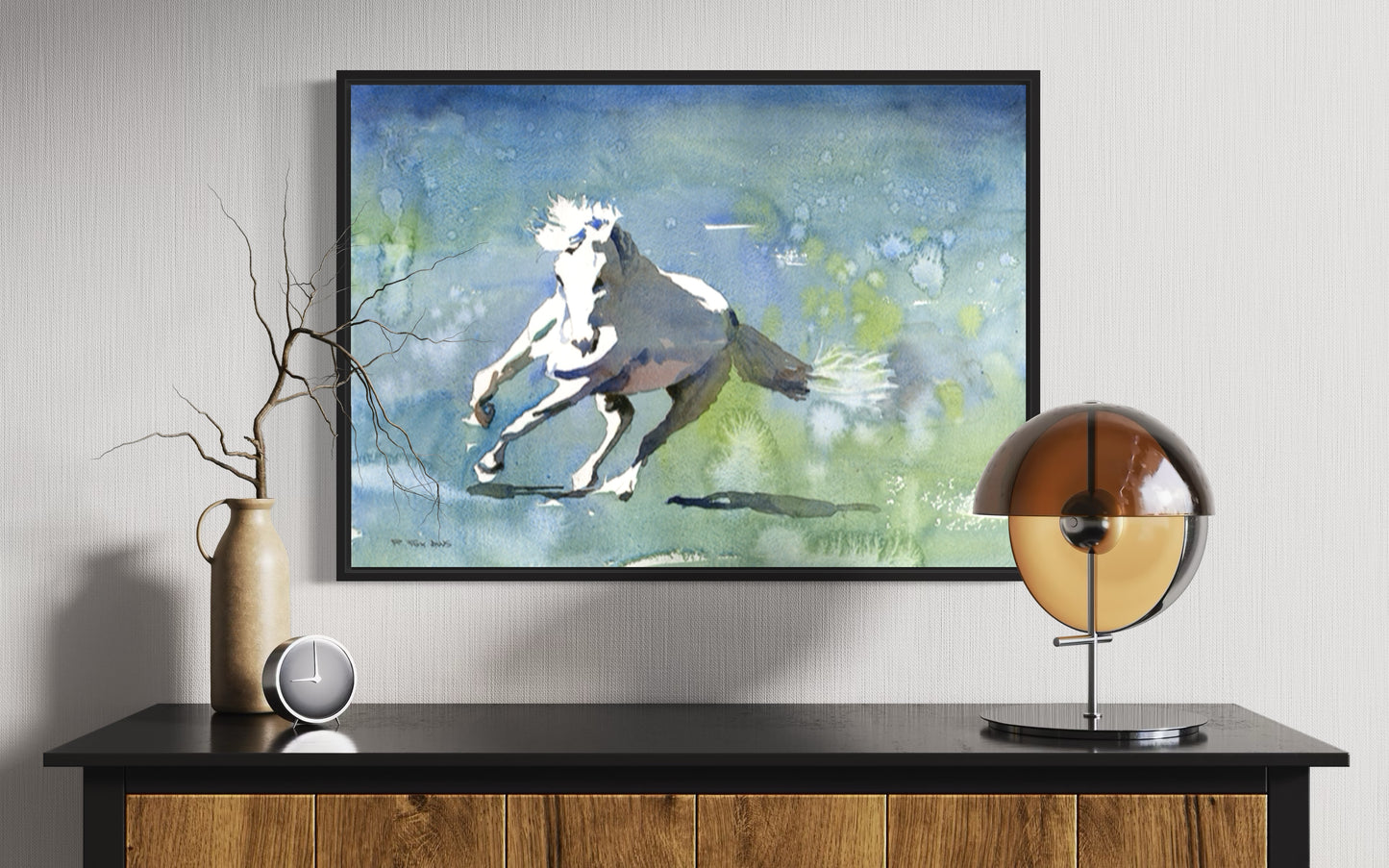 Caballo corriendo por la tundra: pintura de caballos, arte de caballos. Pintura de caballos acuarela batik paisaje pintura pared arte decoración del hogar caballo (impresión)