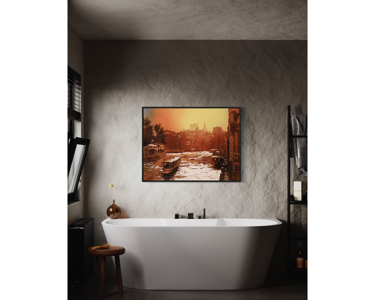 Pintura de acuarela de Amsterdam, Países Bajos. Pintura en acuarela de fachadas a dos aguas de arquitectura antigua en el centro de Ámsterdam, arte del atardecer rojo (impresión)