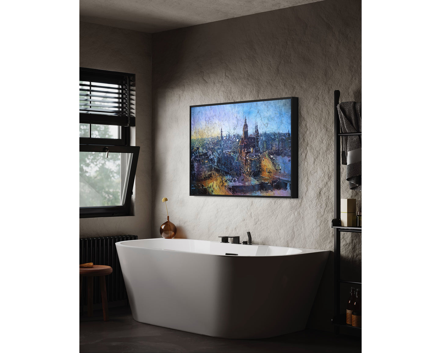 Arte del horizonte de Ámsterdam. Horizonte de Ámsterdam al atardecer, pintura holandesa acuarela batik arte colorido Ámsterdam (impresión)