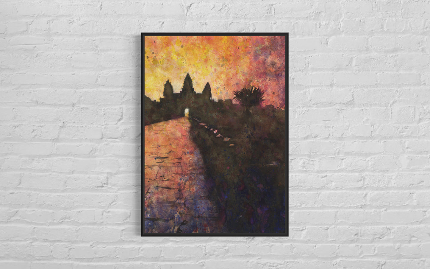 Fine art watercolor painting of the UNESCO World Heritage Khmer temple of Angkor Wat silhouetted against a glowing sunrise sky—perfect Angkor art and home decor.