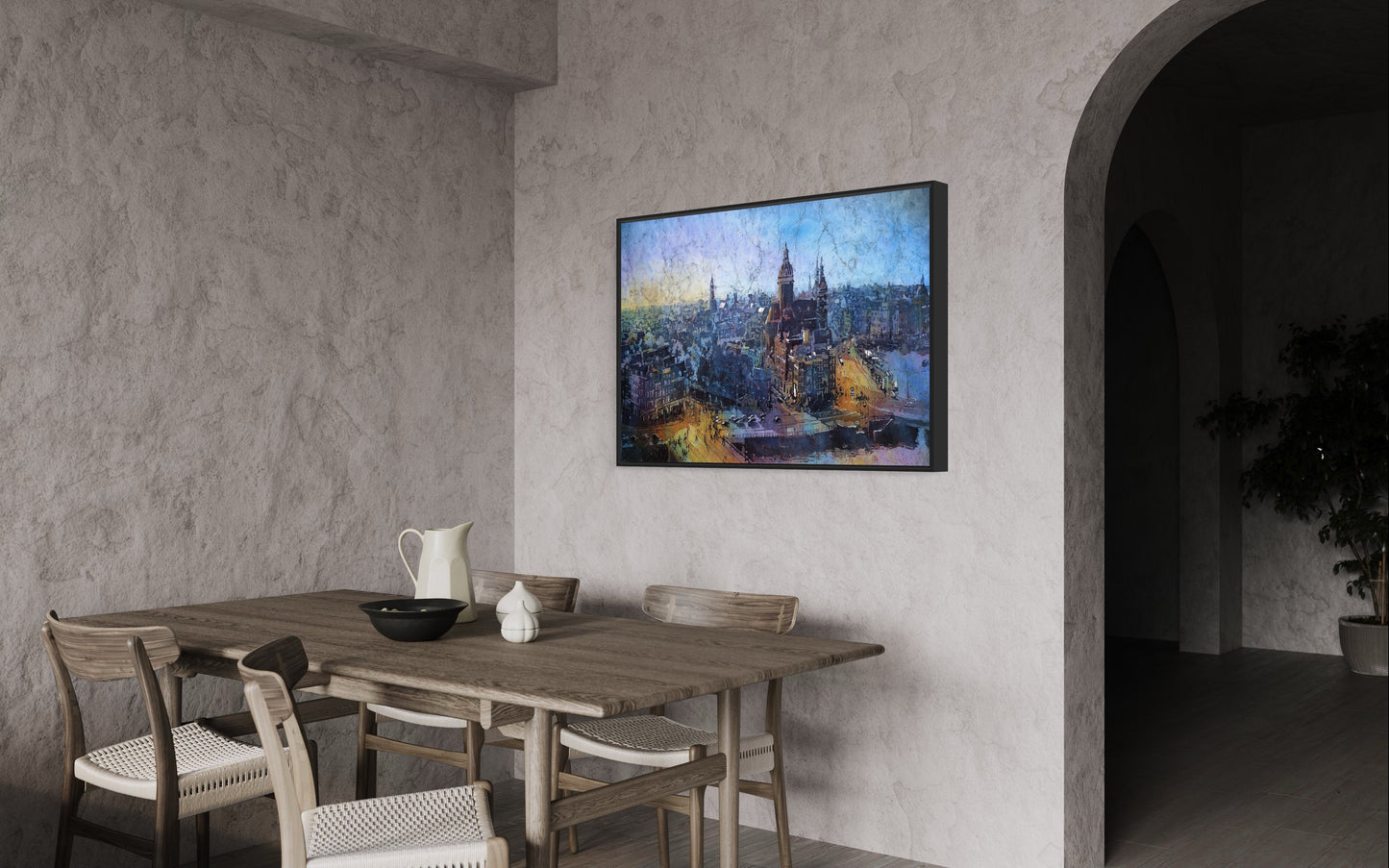 Arte del horizonte de Ámsterdam. Horizonte de Ámsterdam al atardecer, pintura holandesa acuarela batik arte colorido Ámsterdam (impresión)