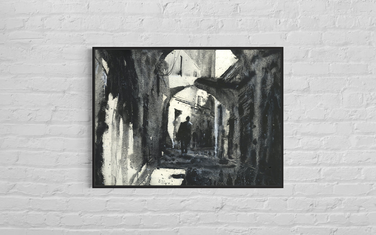 Pintura monocromática de callejón en la medina de Túnez, Túnez. Obra de arte en blanco y negro Túnez callejón acuarela Túnez negro blanco medina (original)