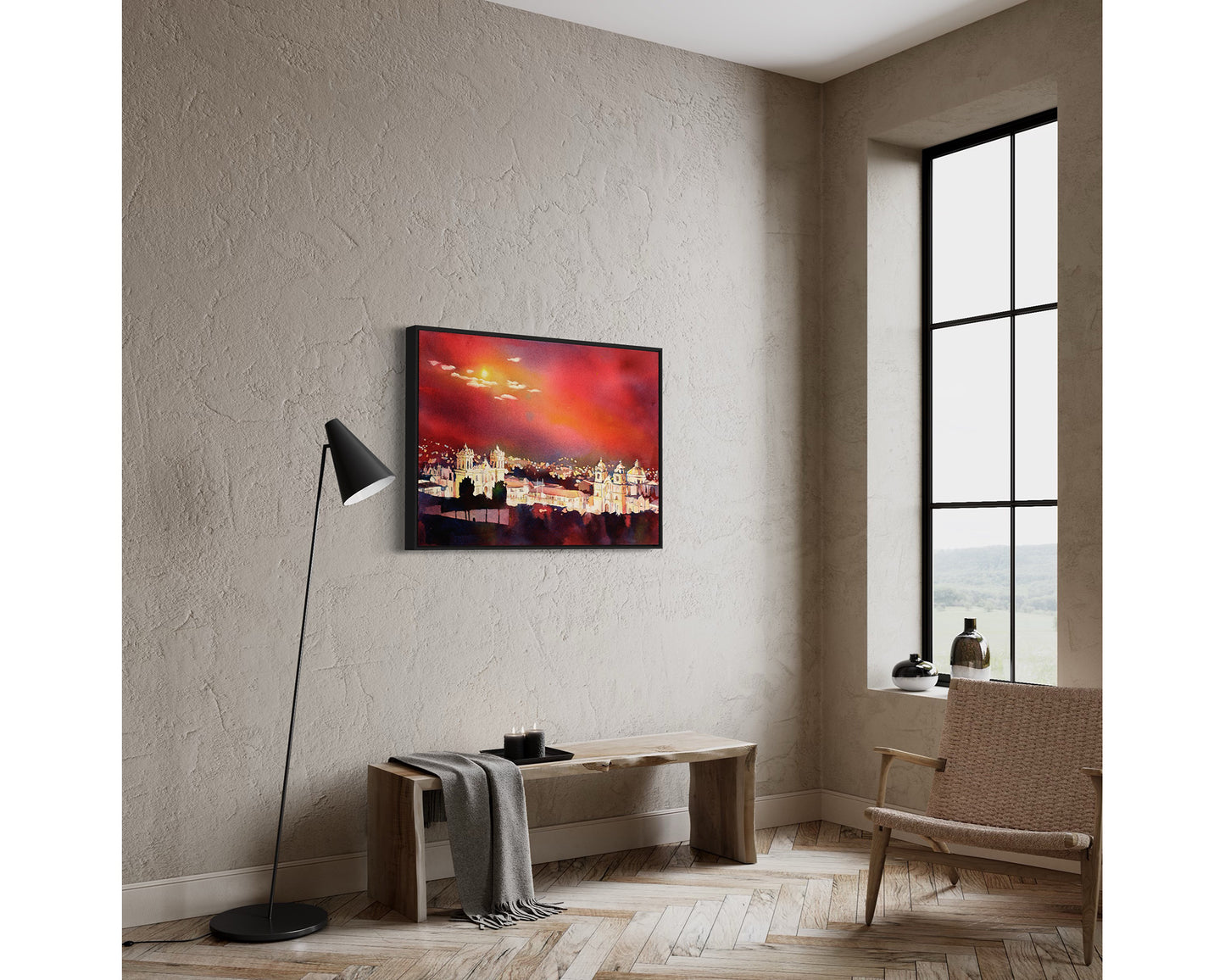 Watercolor painting Cusco Peru Sacred Valley Plaza de Armas artwork (original)