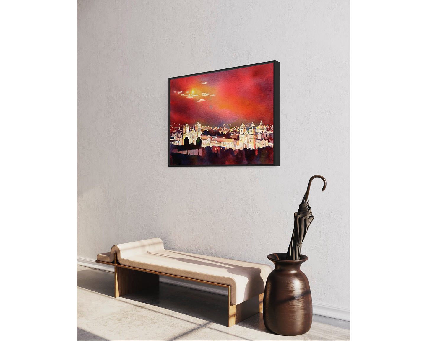 Watercolor painting Cusco Peru Sacred Valley Plaza de Armas artwork (original)