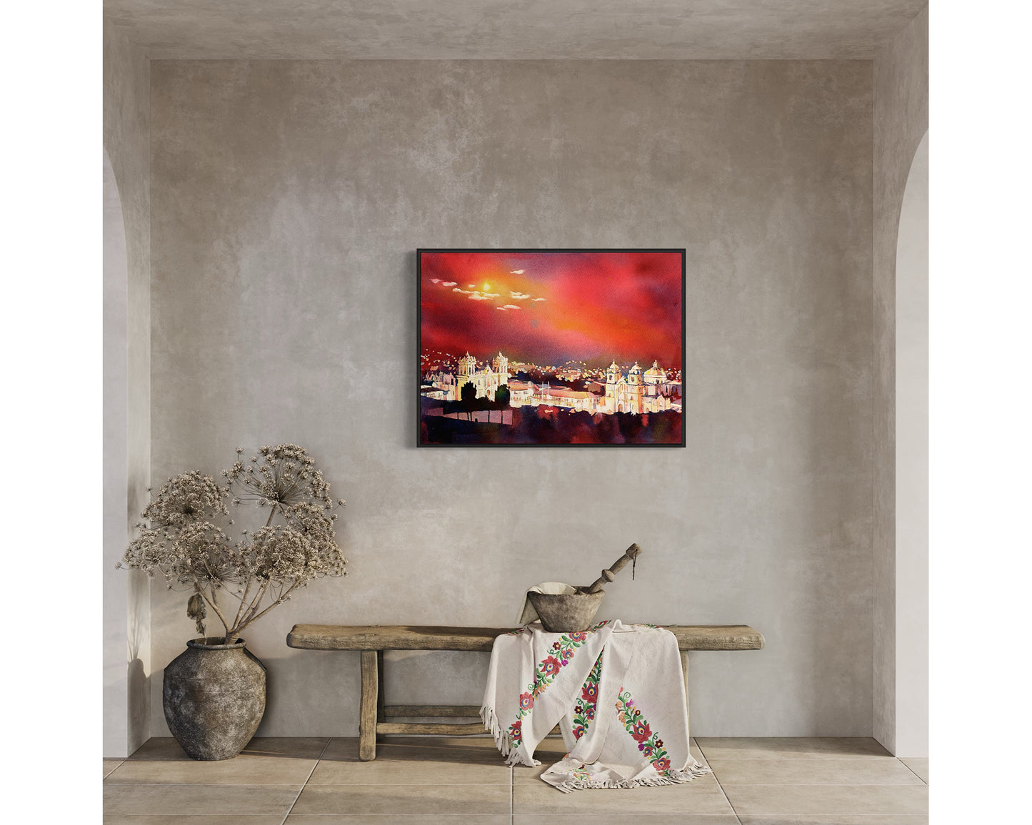 Watercolor painting Cusco Peru Sacred Valley Plaza de Armas artwork (original)