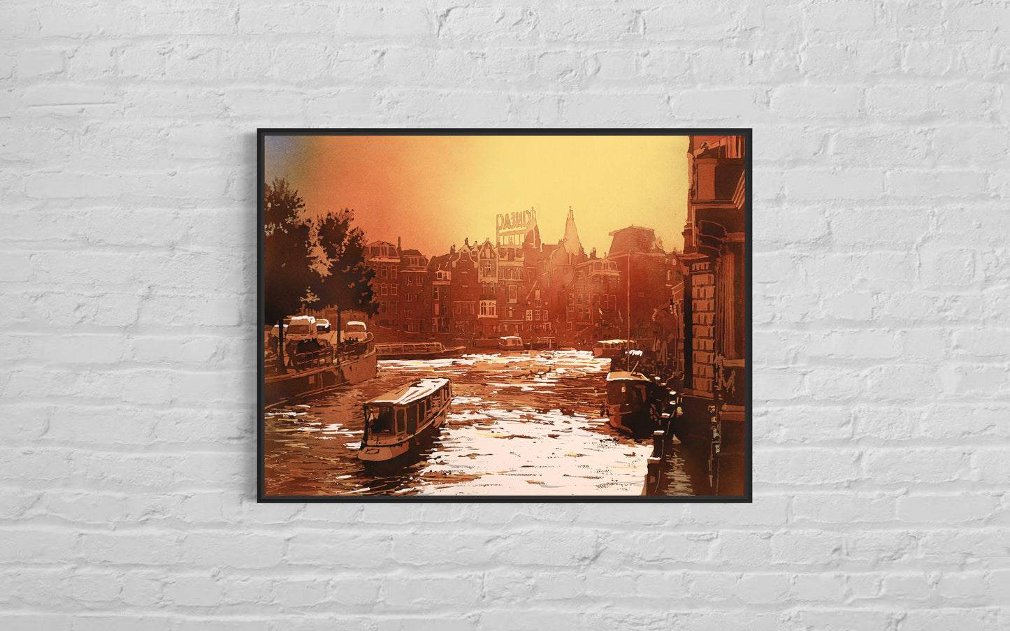 Pintura de acuarela de Amsterdam, Países Bajos. Pintura en acuarela de fachadas a dos aguas de arquitectura antigua en el centro de Ámsterdam, arte del atardecer rojo (impresión)