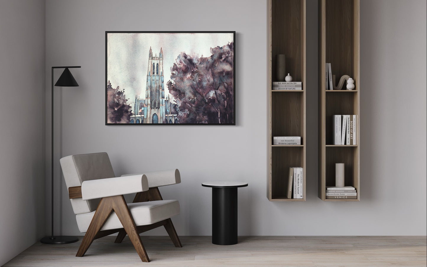 Duke Chapel at Duke University–North Carolina featured in a refined watercolor painting, printed as a collectible wall art giclee perfect for alumni presents and graduation celebrations.