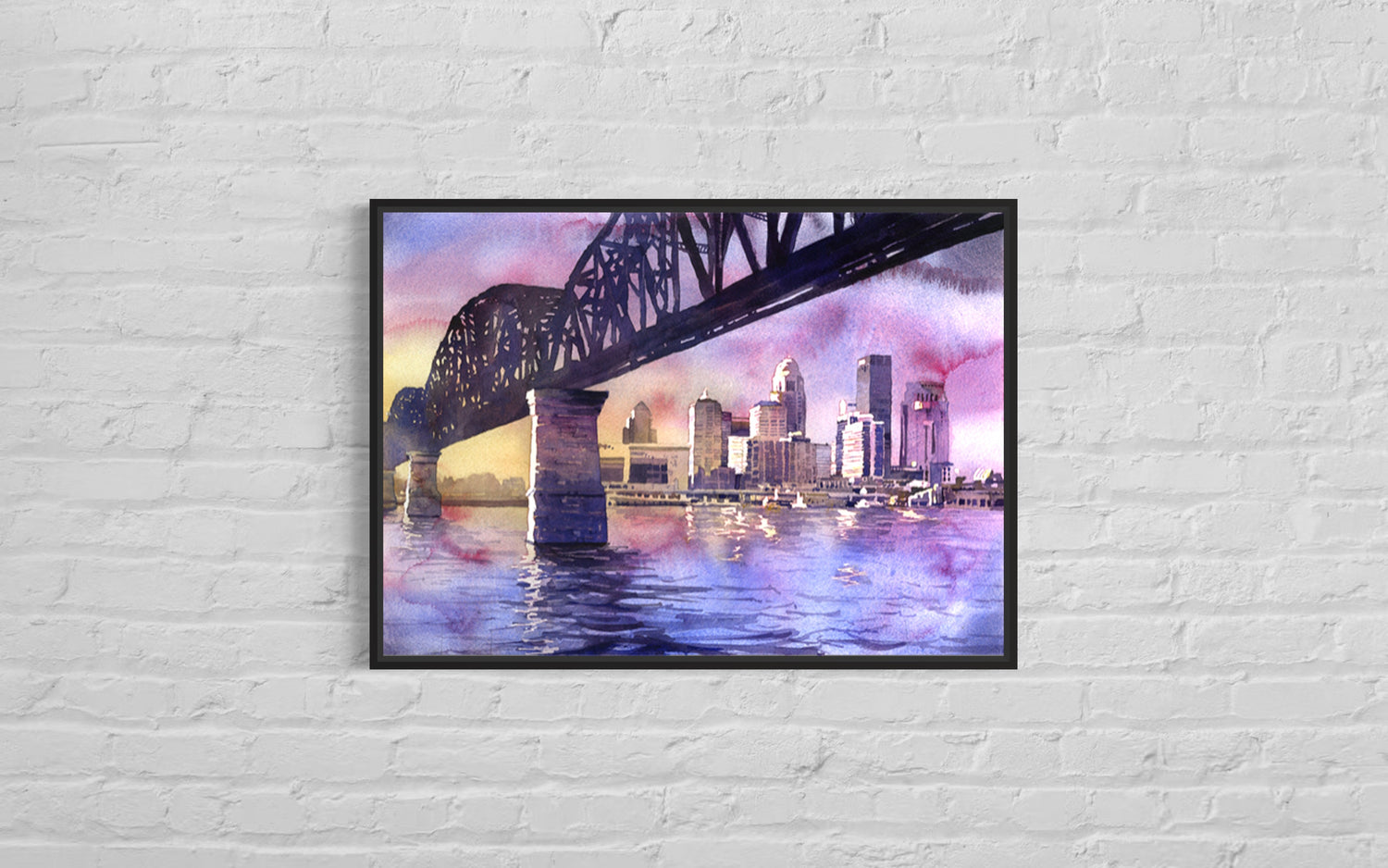 Watercolor painting of the Louisville, KY skyline at sunset, with rich oranges and purples reflecting off the Ohio River—perfect cityscape print for home or office decor.
