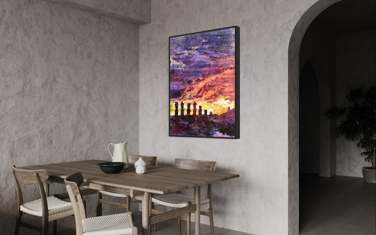 Colorful sunset landscape painting of Chile’s Easter Island with iconic Moai stone figures in silhouette—great gift for him or her and cultural art fans.