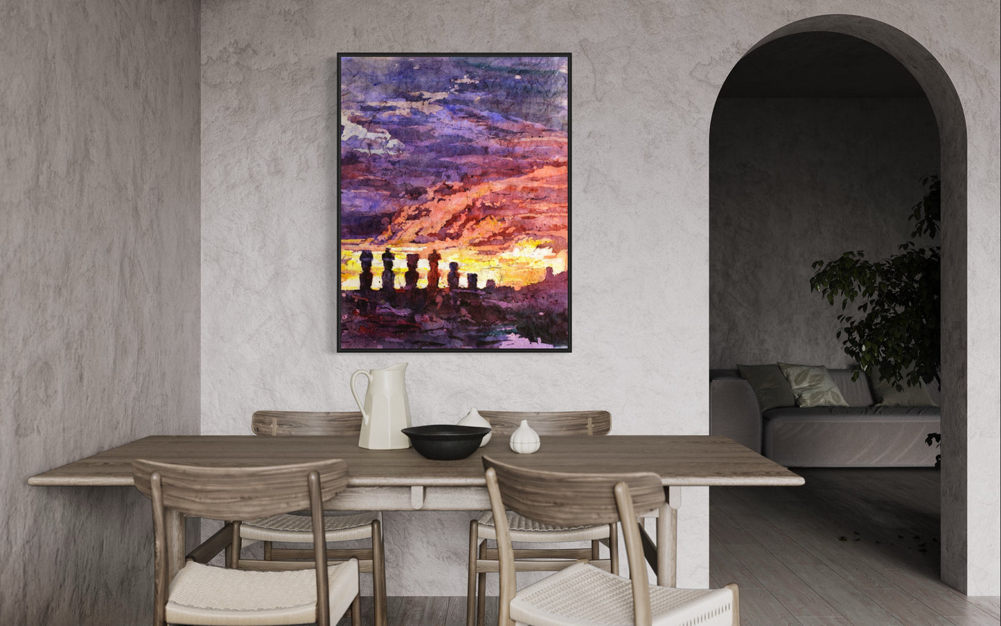Fine art watercolor painting of Easter Island Moai statues bathed in sunset light, perfect for interior design and cultural travel wall art.