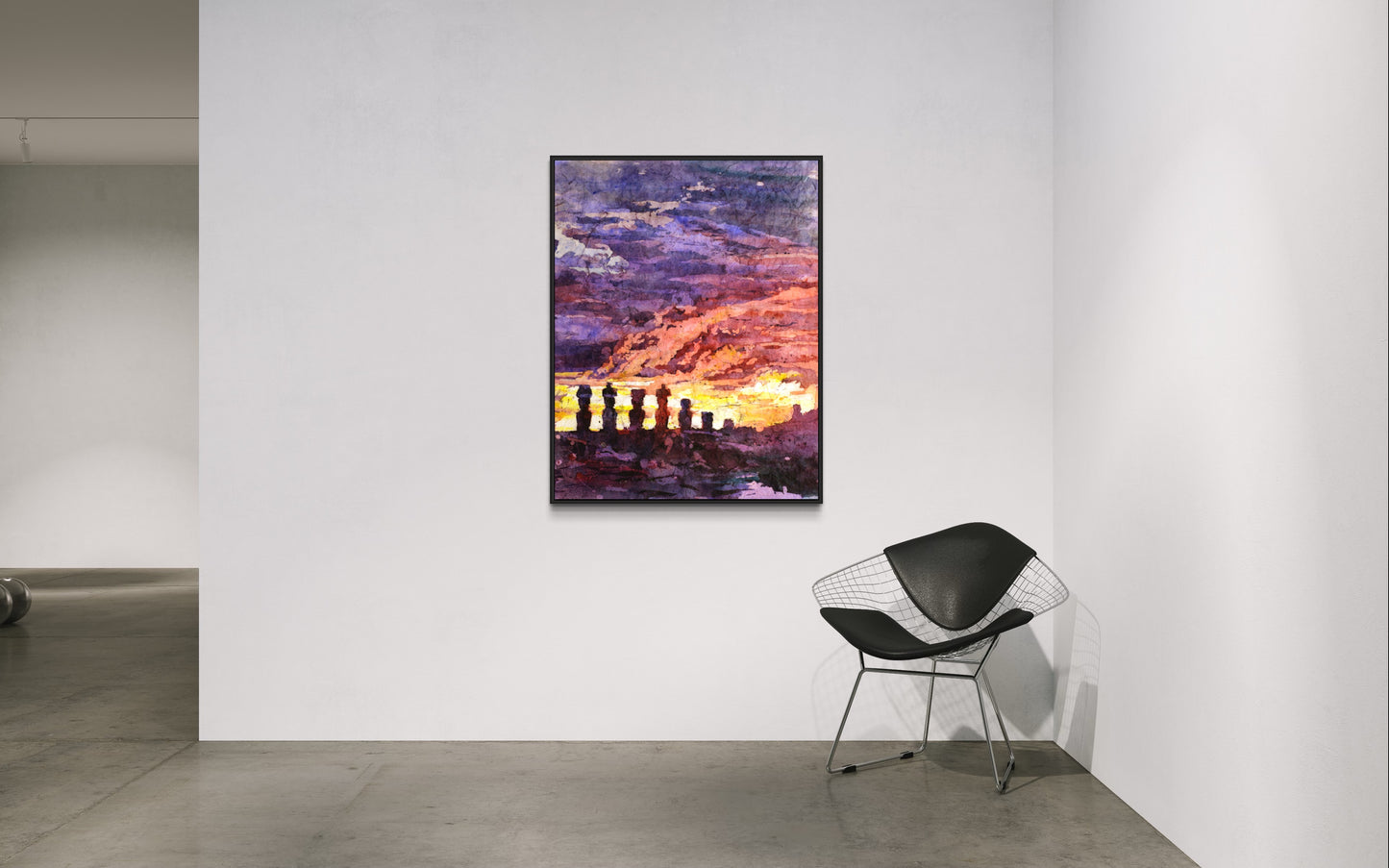 Batik-style watercolor of Moai statues silhouetted at dusk, capturing the magic of Easter Island—great for gifts or sophisticated home and office spaces.