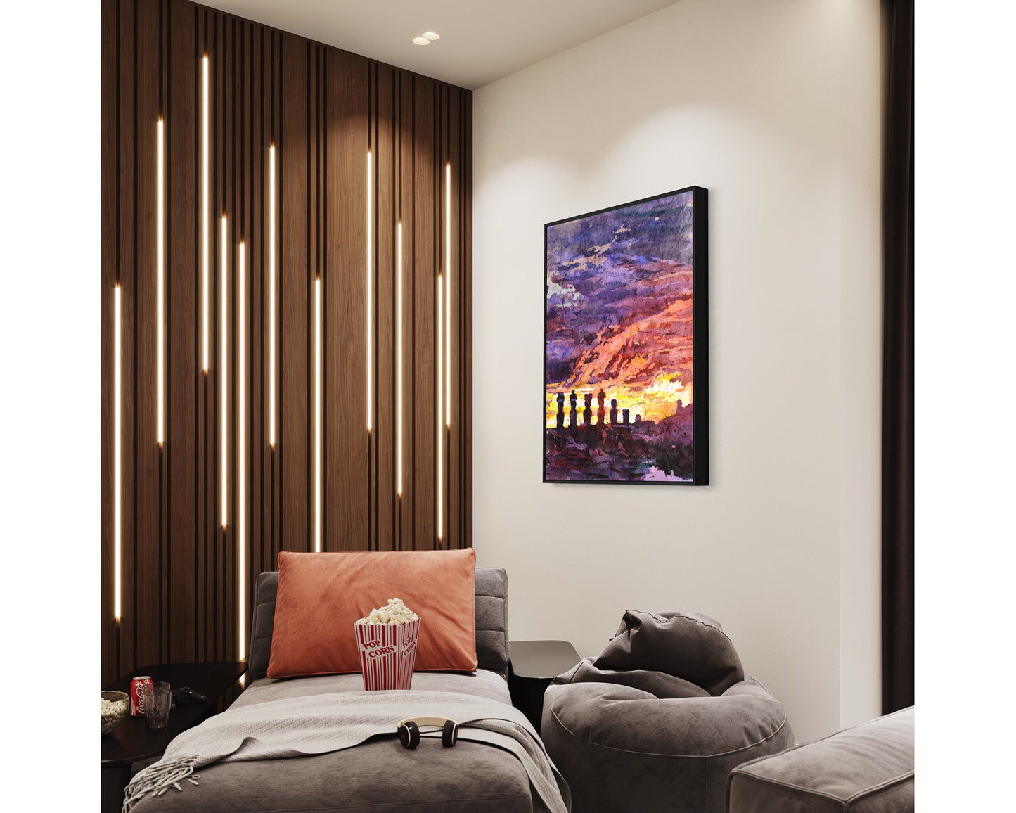 Vibrant Easter Island art showing ancient Moai figures in front of a fiery orange and purple sky—ideal Moai photo-inspired print for travel lovers.