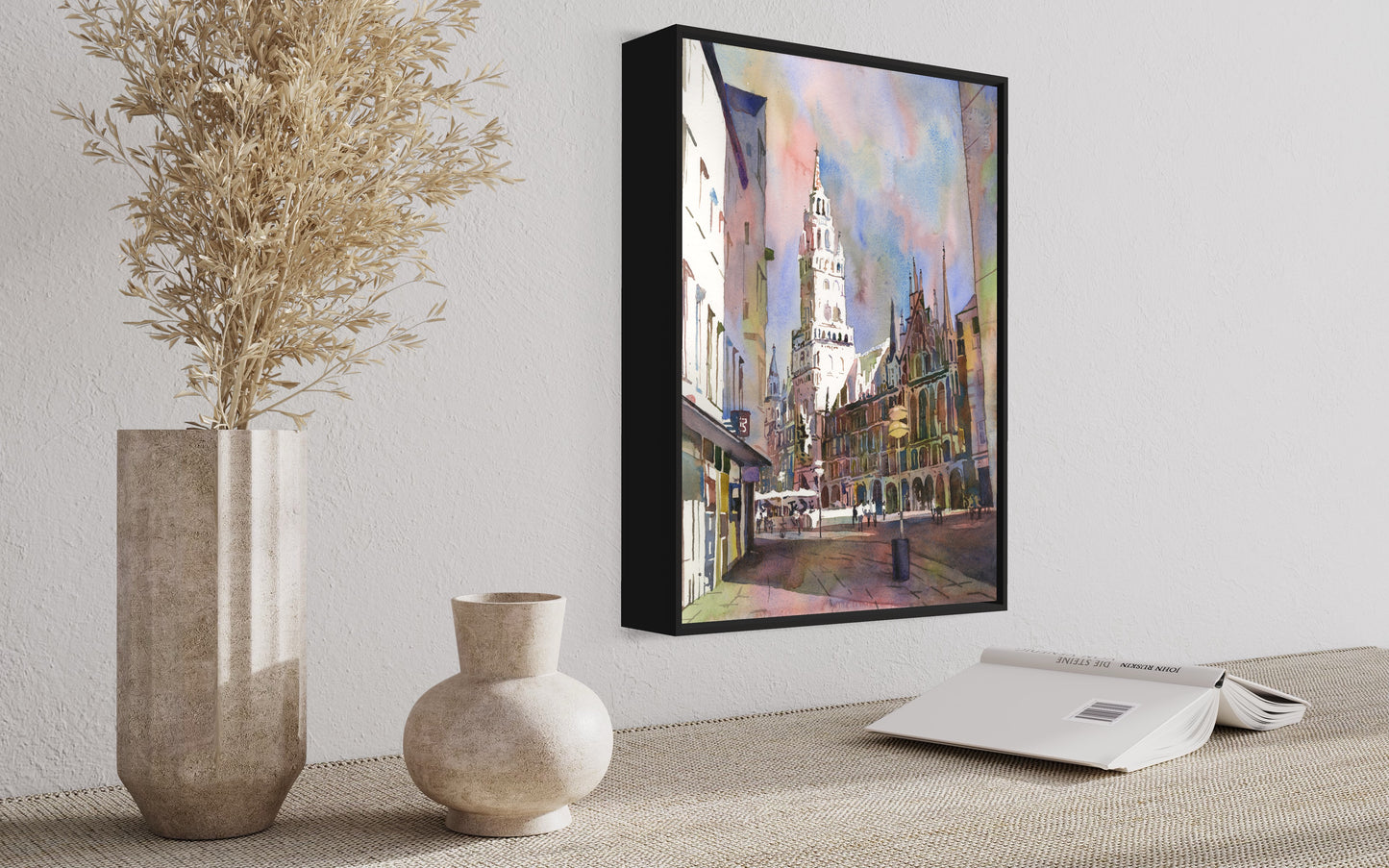 Watercolor painting Munich Germany skyline artwork, travel essentials  colorful sunset art (print)