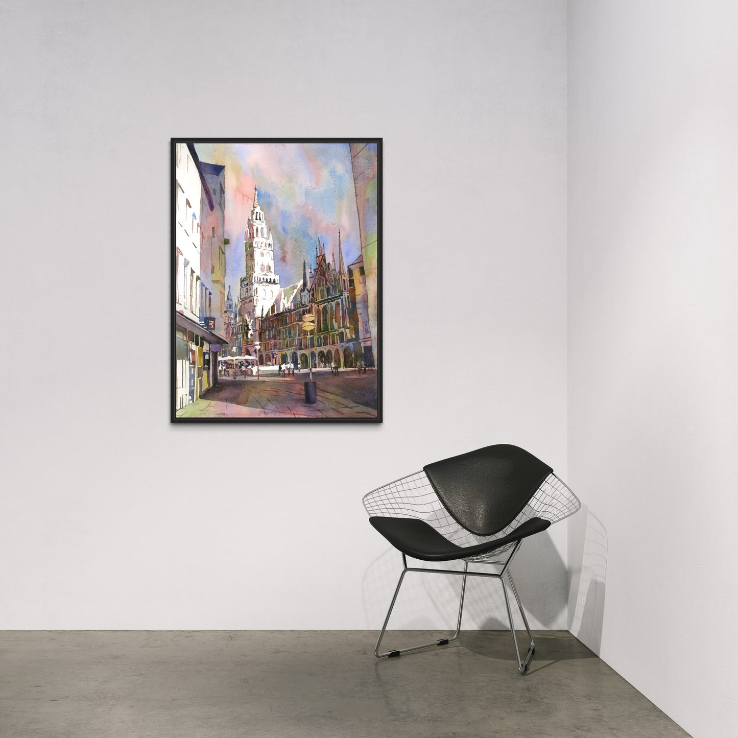 Watercolor painting Munich Germany skyline artwork, travel essentials  colorful sunset art (print)