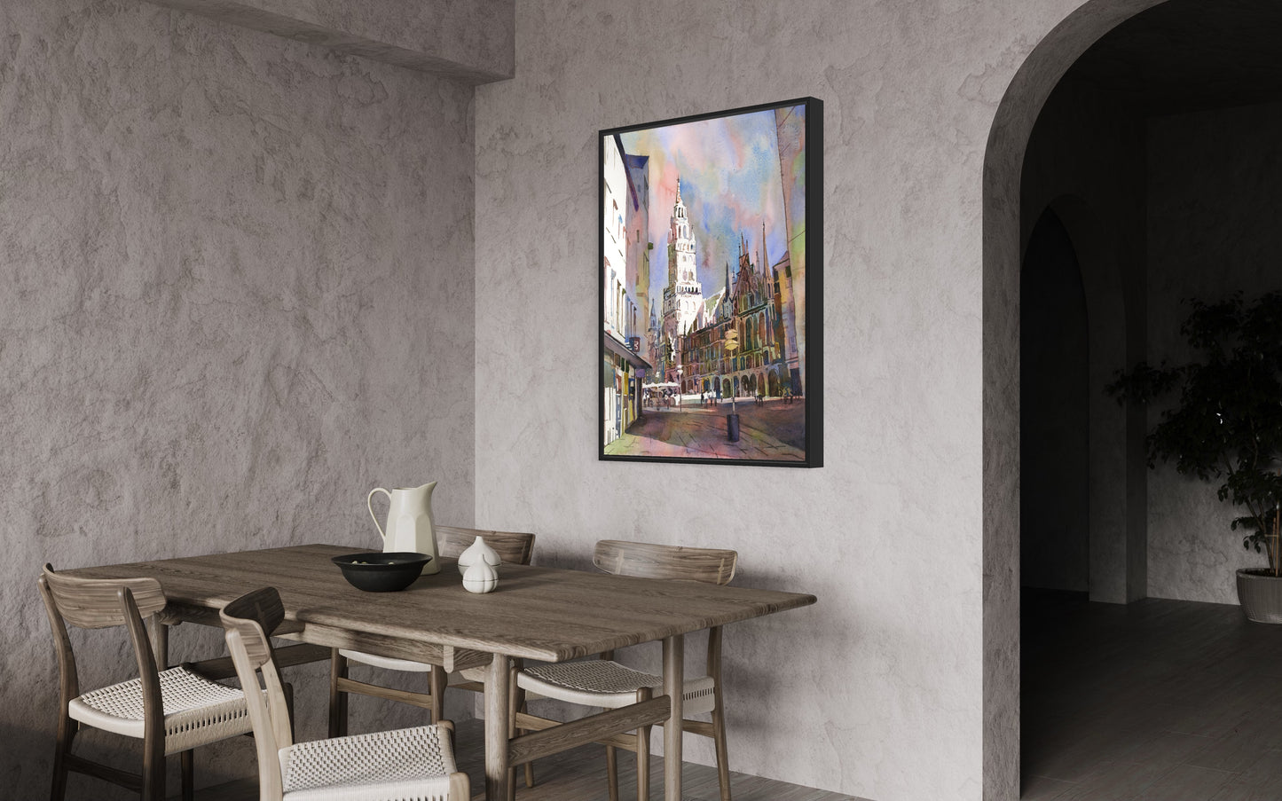 Watercolor painting Munich Germany skyline artwork, travel essentials  colorful sunset art (print)