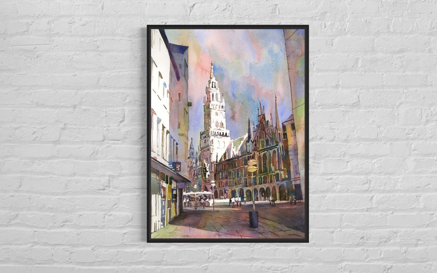 Watercolor painting Munich Germany skyline artwork, travel essentials  colorful sunset art (print)