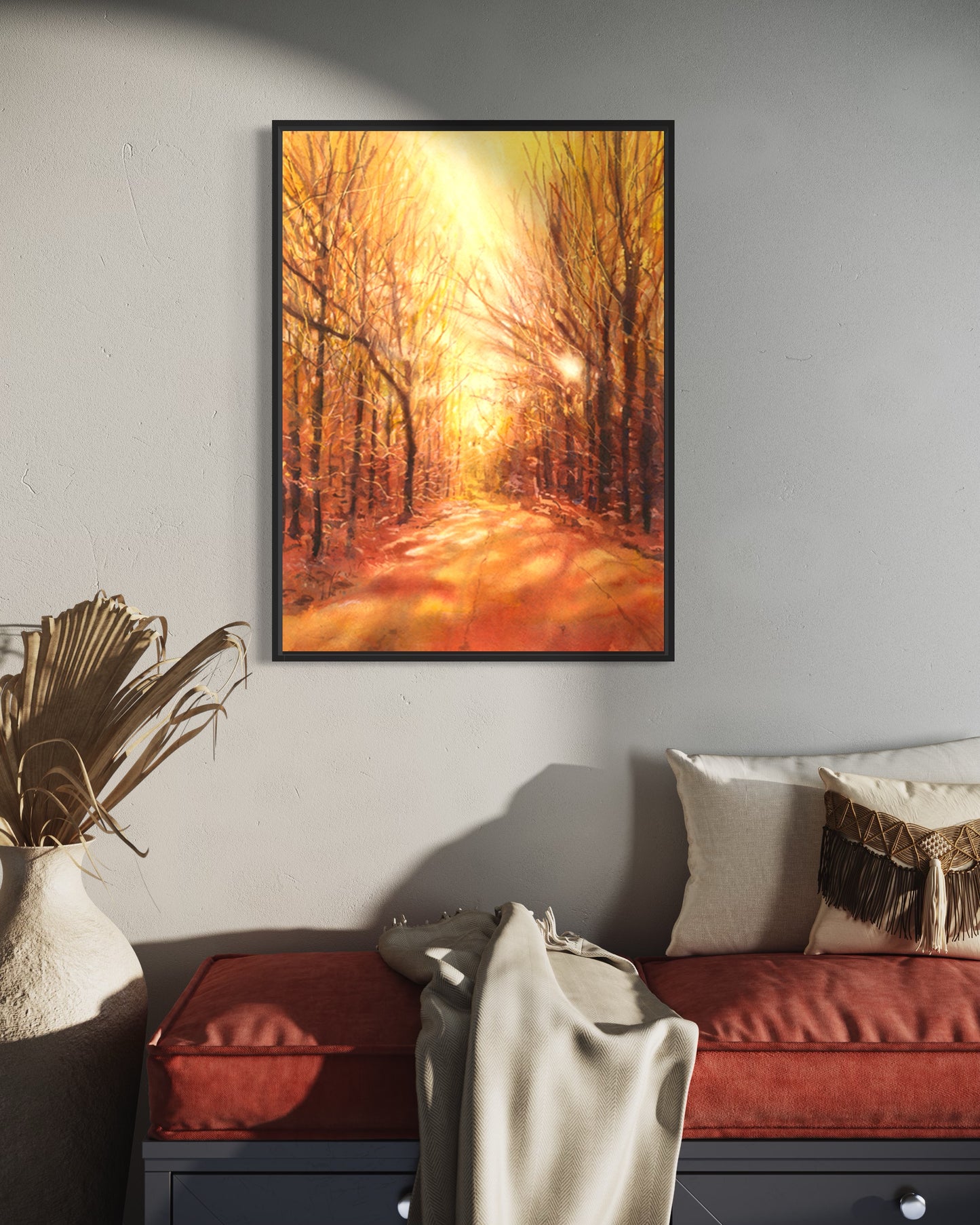Colorida pintura de paisaje de acuarela de tendencia ahora artículo hecho a mano obra de arte al atardecer giclee (impresión)
