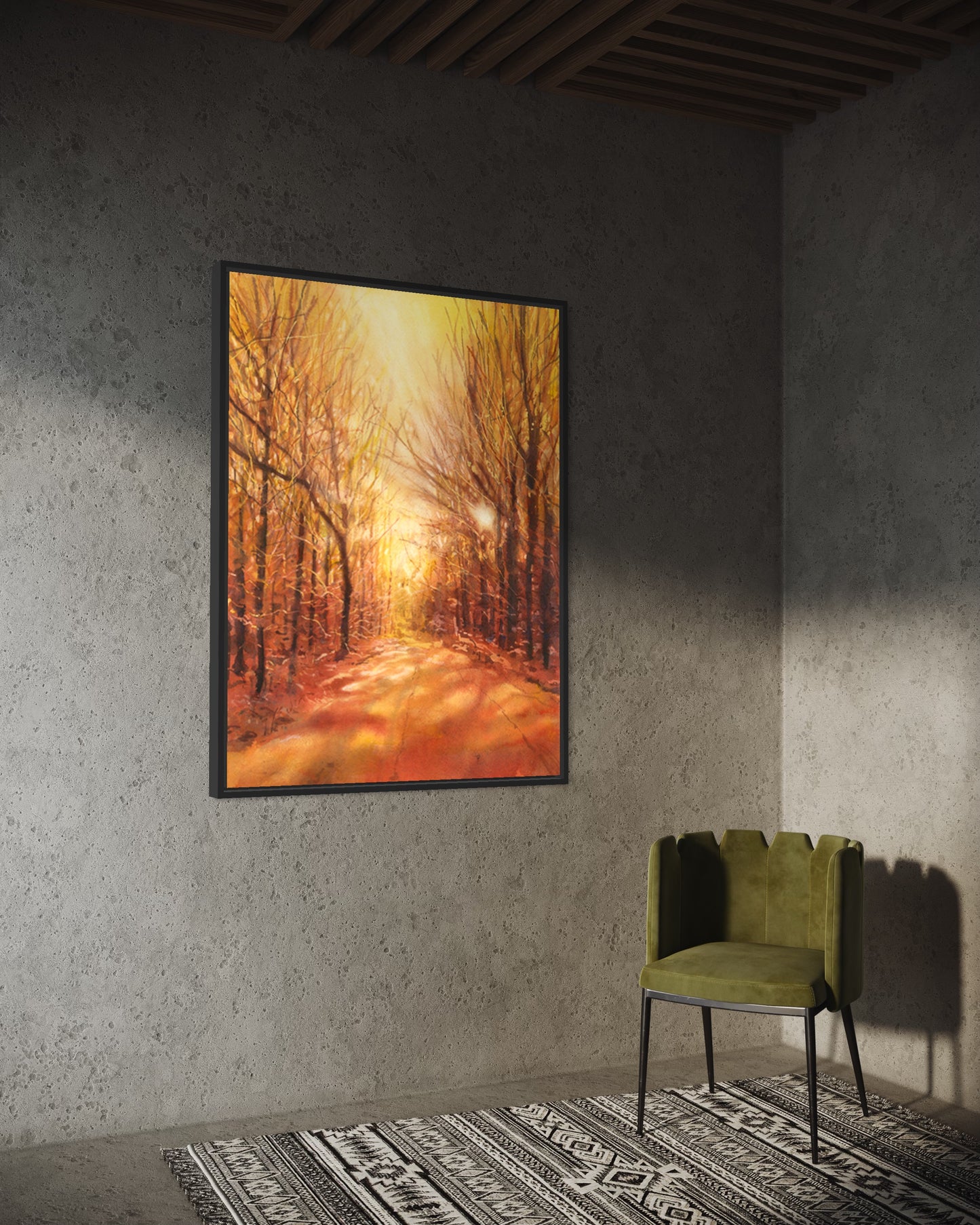 Colorida pintura de paisaje de acuarela de tendencia ahora artículo hecho a mano obra de arte al atardecer giclee (impresión)
