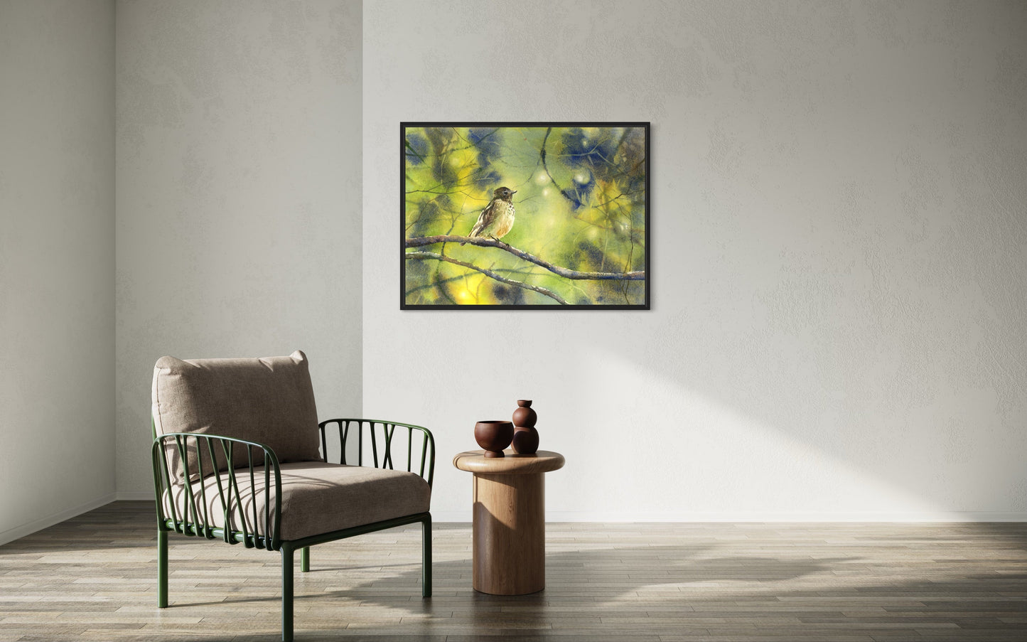 Acuarela pintura pájaro cantor en rama regalo de inauguración de la casa artículo hecho a mano decoración del apartamento (original)