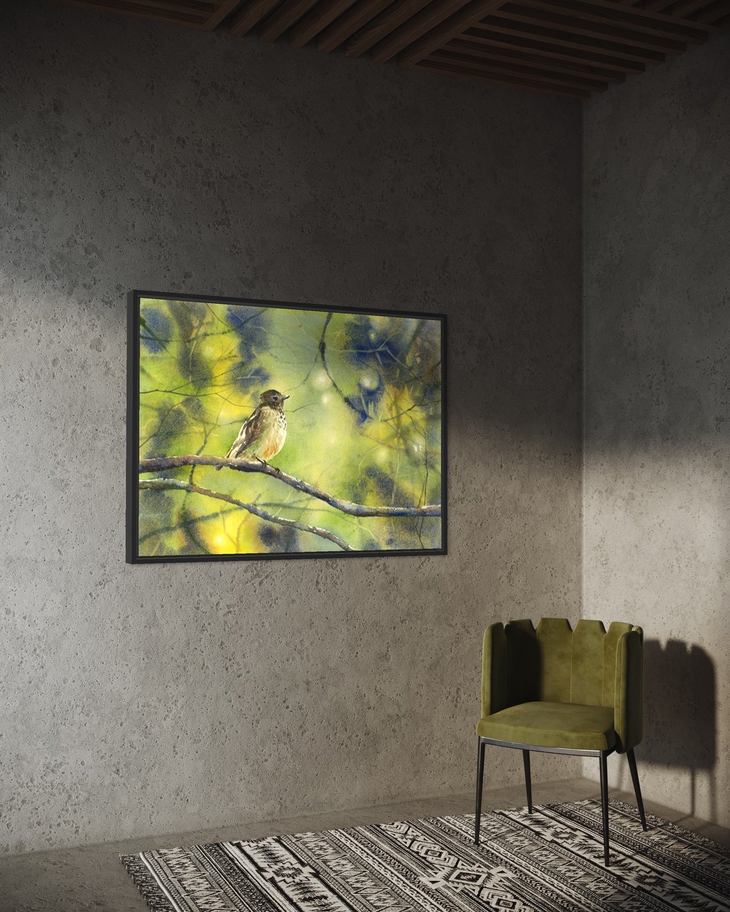 Acuarela pintura pájaro cantor en rama regalo de inauguración de la casa artículo hecho a mano decoración del apartamento (original)
