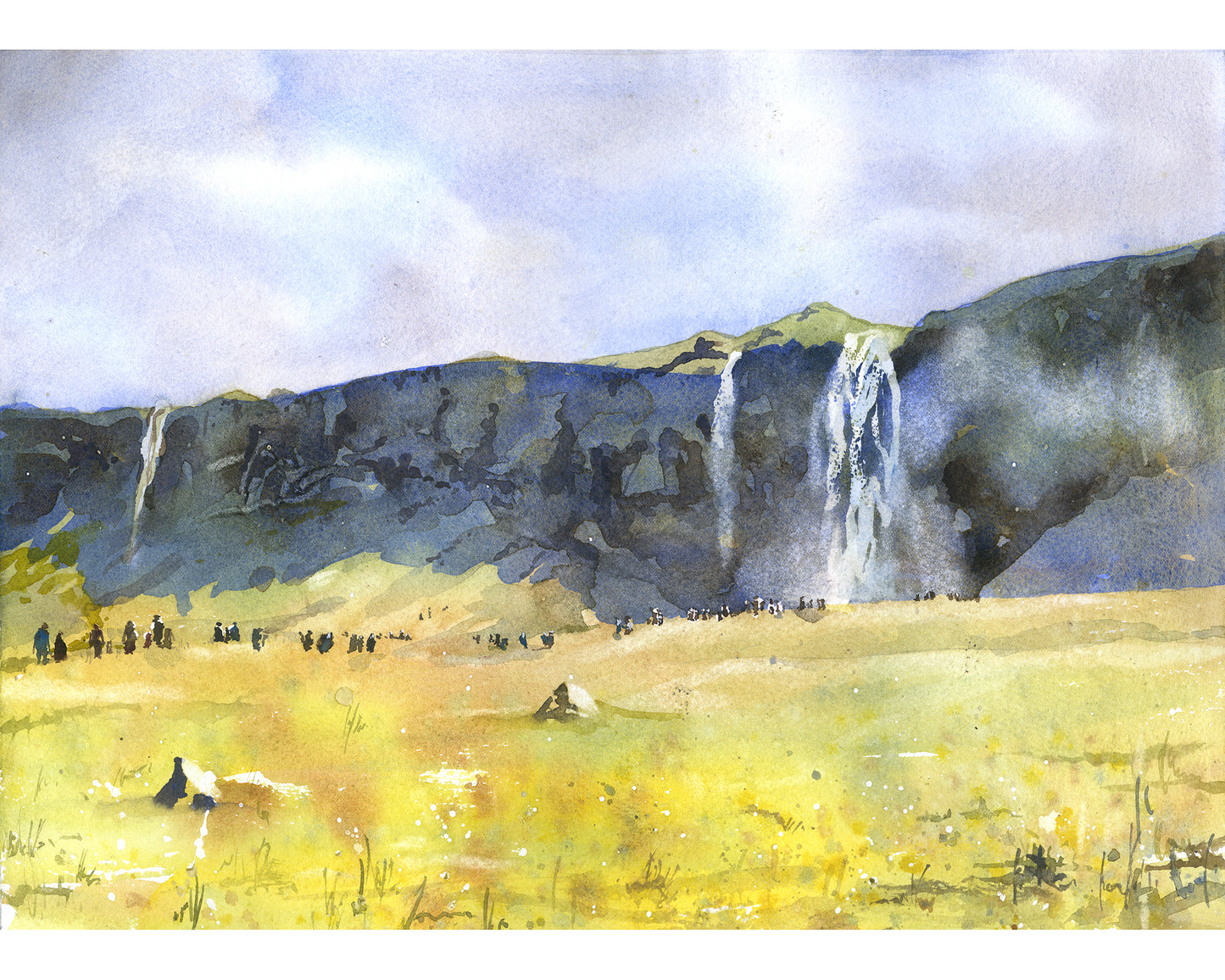 Seljalandsfoss Iceland watercolor art print showing the powerful waterfall cascading over rocky cliffs—ideal colorful waterfall landscape painting and Nordic travel decor.