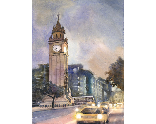 Albert Memorial Clock Belfast watercolor painting of historic clock tower at dusk with city lights and traffic