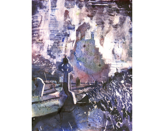 Ruined church Ireland gravestone Abbey Irish countryside artwork travel decor Europe painting (original)
