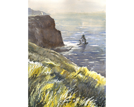 Watercolor painting of Cliffs of Moher coastal view in Ireland with dramatic cliffs and ocean scene