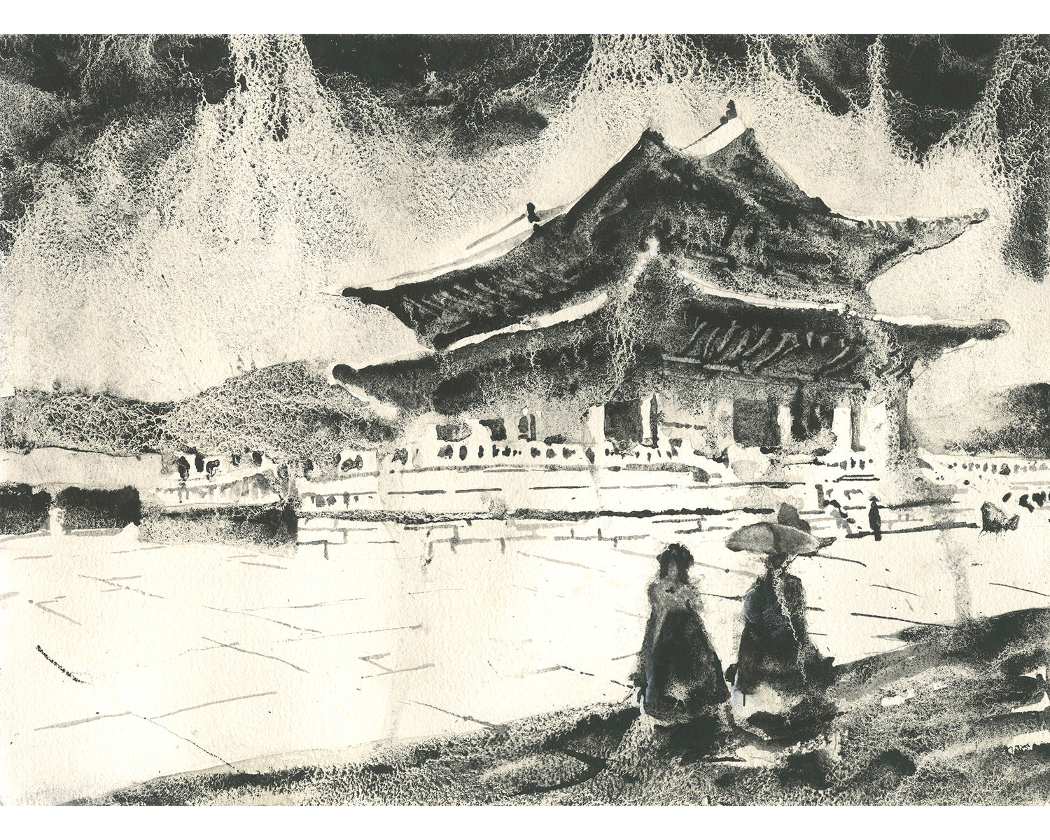 Monochromatic watercolor landscape of Gyeongbokgung Palace in Seoul, South Korea, featuring traditional Korean architecture and serene mountain backdrop—ideal handmade art for travel-themed interiors or Korean decor lovers.