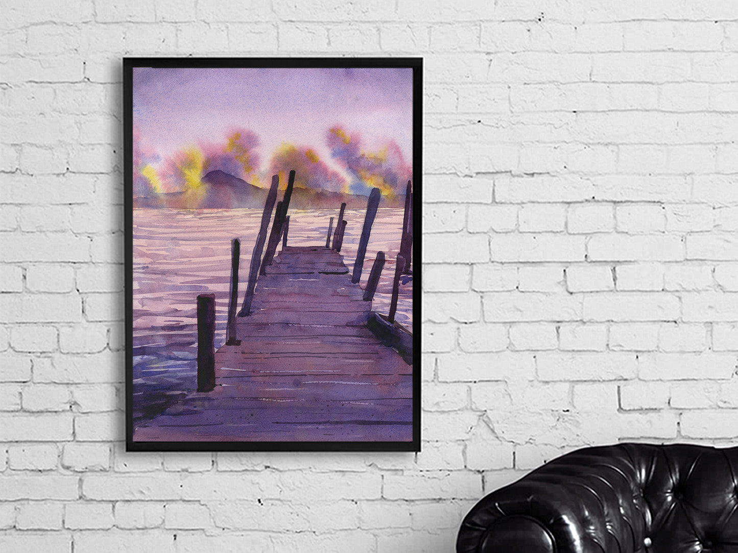 Watercolor landscape painting sunset Lake Atitlan Guatemala trendy wall art travel essentials lake boat nautical decor (print)