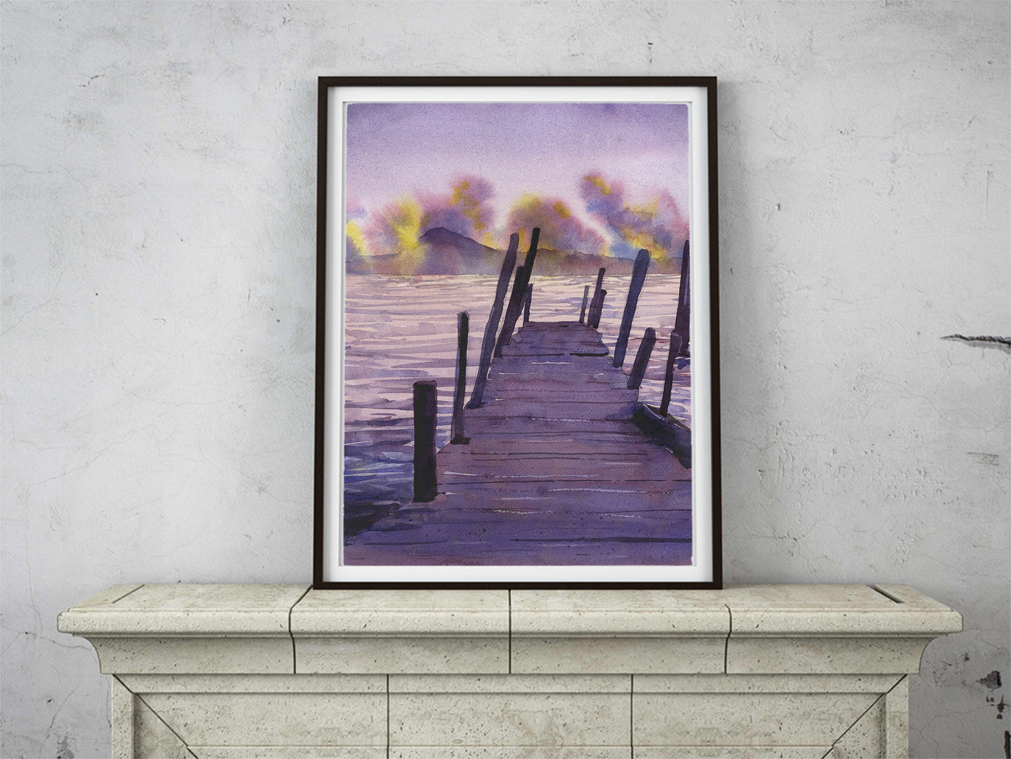 Watercolor landscape painting sunset Lake Atitlan Guatemala trendy wall art travel essentials lake boat nautical decor (original)