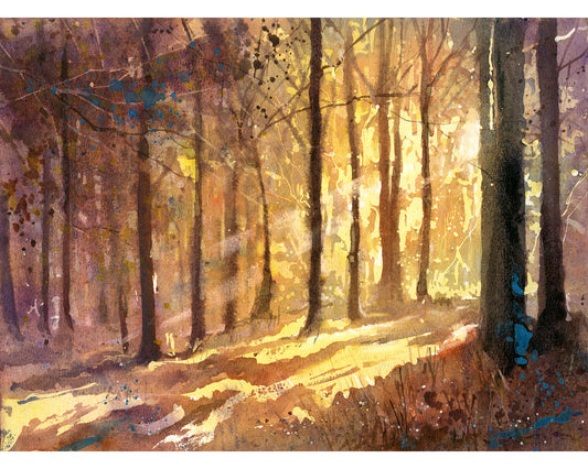Forest sunset suns rays in colorful landscape watercolor painting art for house interior design handmade item (original)