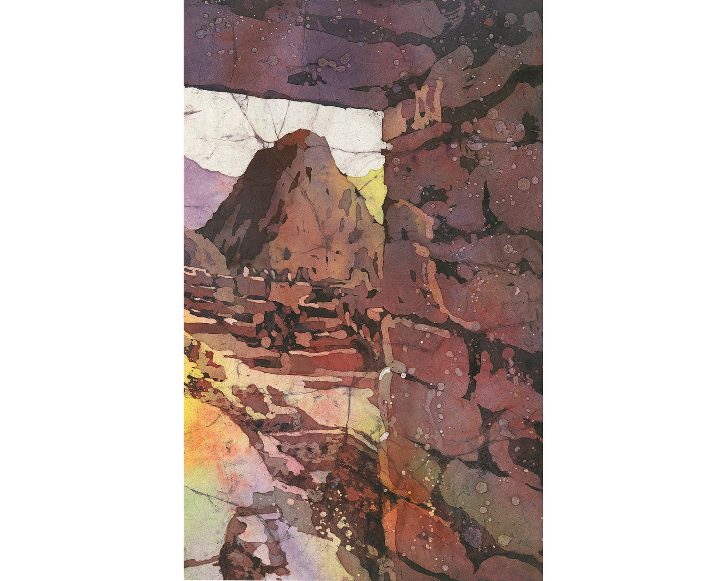 Vibrant watercolor painting of Huayna Picchu towering above the ancient stone terraces of Machu Picchu in Peru’s Sacred Valley—travel-inspired handmade wall art for home or office decor.