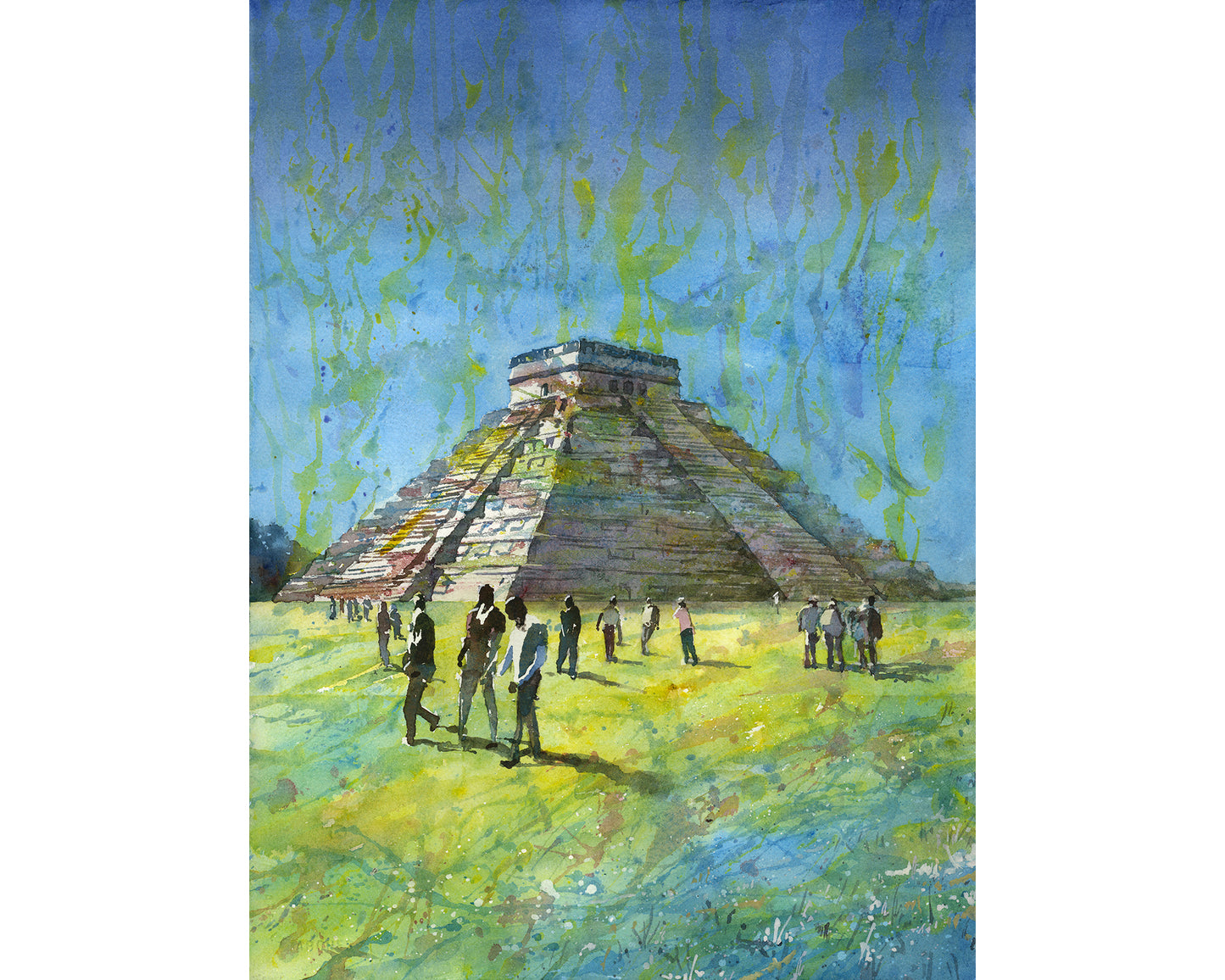 El Castillo Chichen Itza Mexico artwork in rich watercolor tones, highlighting ancient architecture and natural landscape, great as university artwork or gift for him.