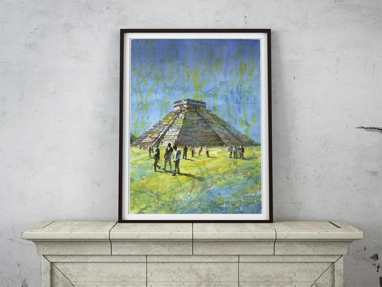 Colorida acuarela pintura de paisaje de Chichén Itzá, arte de pared de moda diseño de interiores artículo hecho a mano elementos esenciales de viaje giclee (impresión)