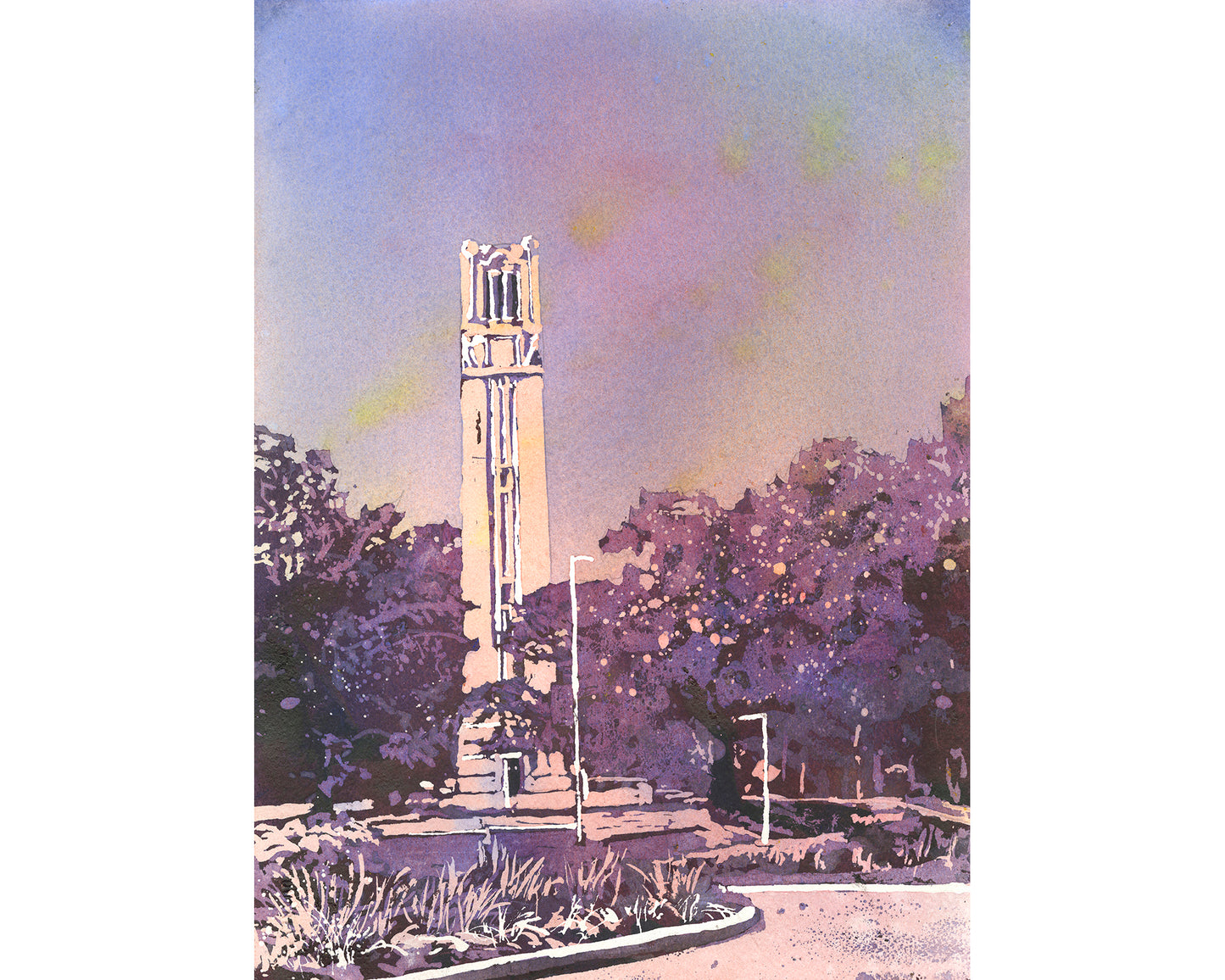 Watercolor painting of the NCSU Belltower on the North Carolina State University campus in Raleigh, bathed in golden sunlight—ideal graduation gift for alumni.
