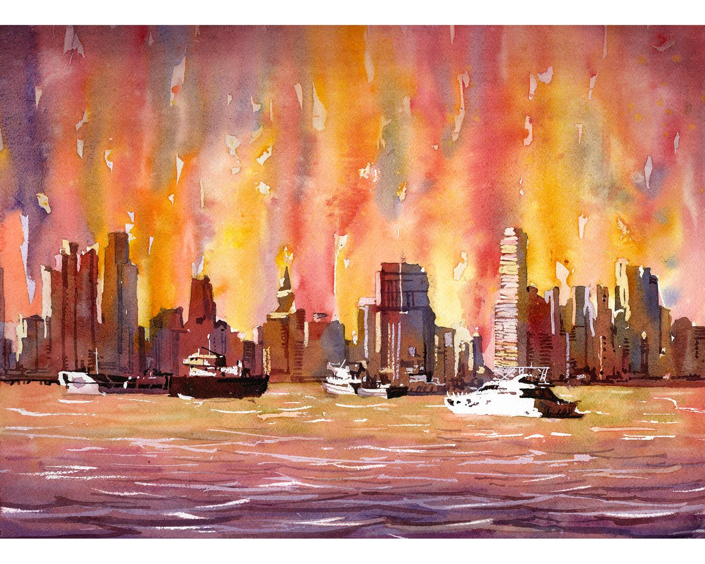 Watercolor landscape painting Panama City Central America, trendy wall art nautical artwork travel essentials colorful wall sunset (original)